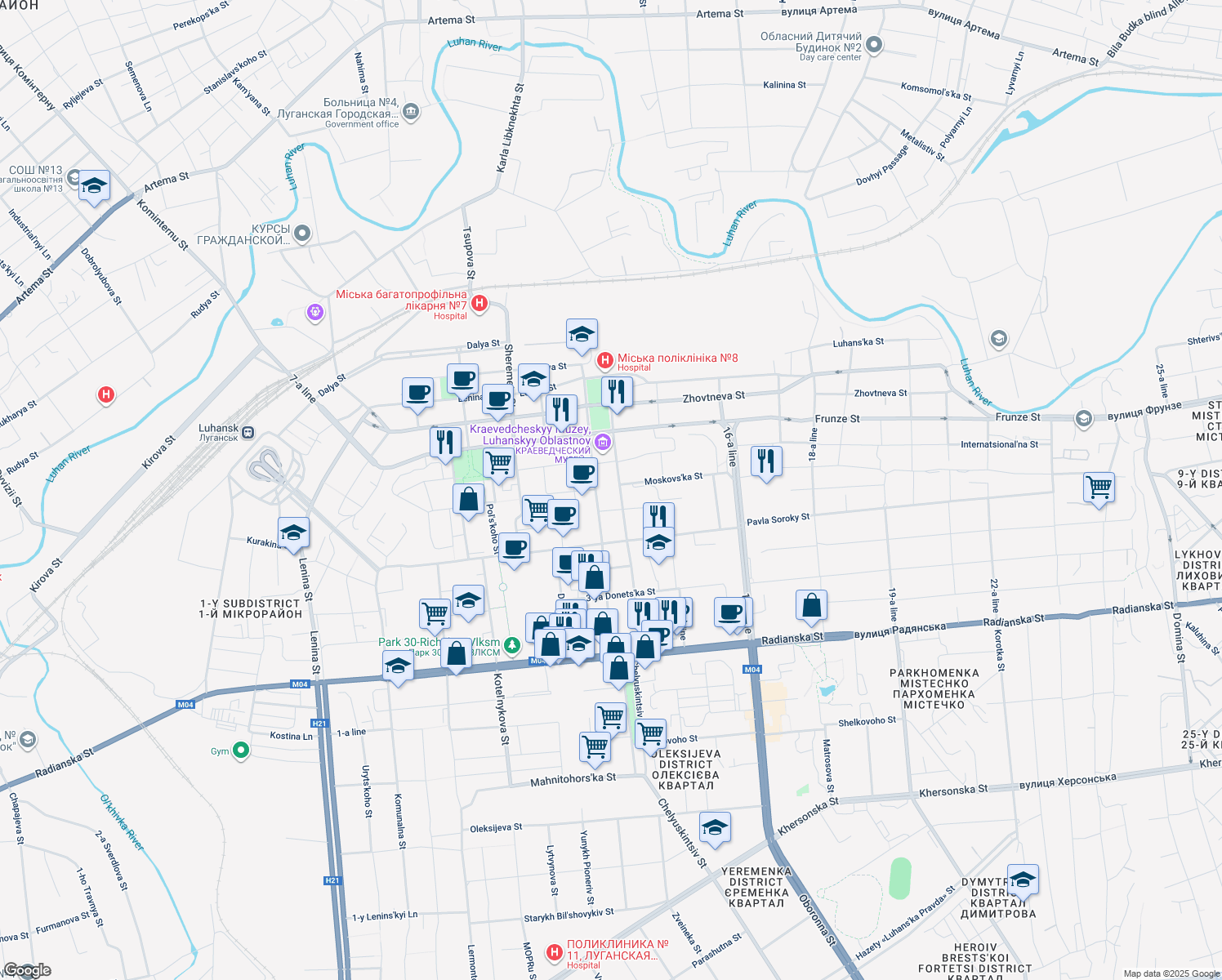 map of restaurants, bars, coffee shops, grocery stores, and more near in Luhansk