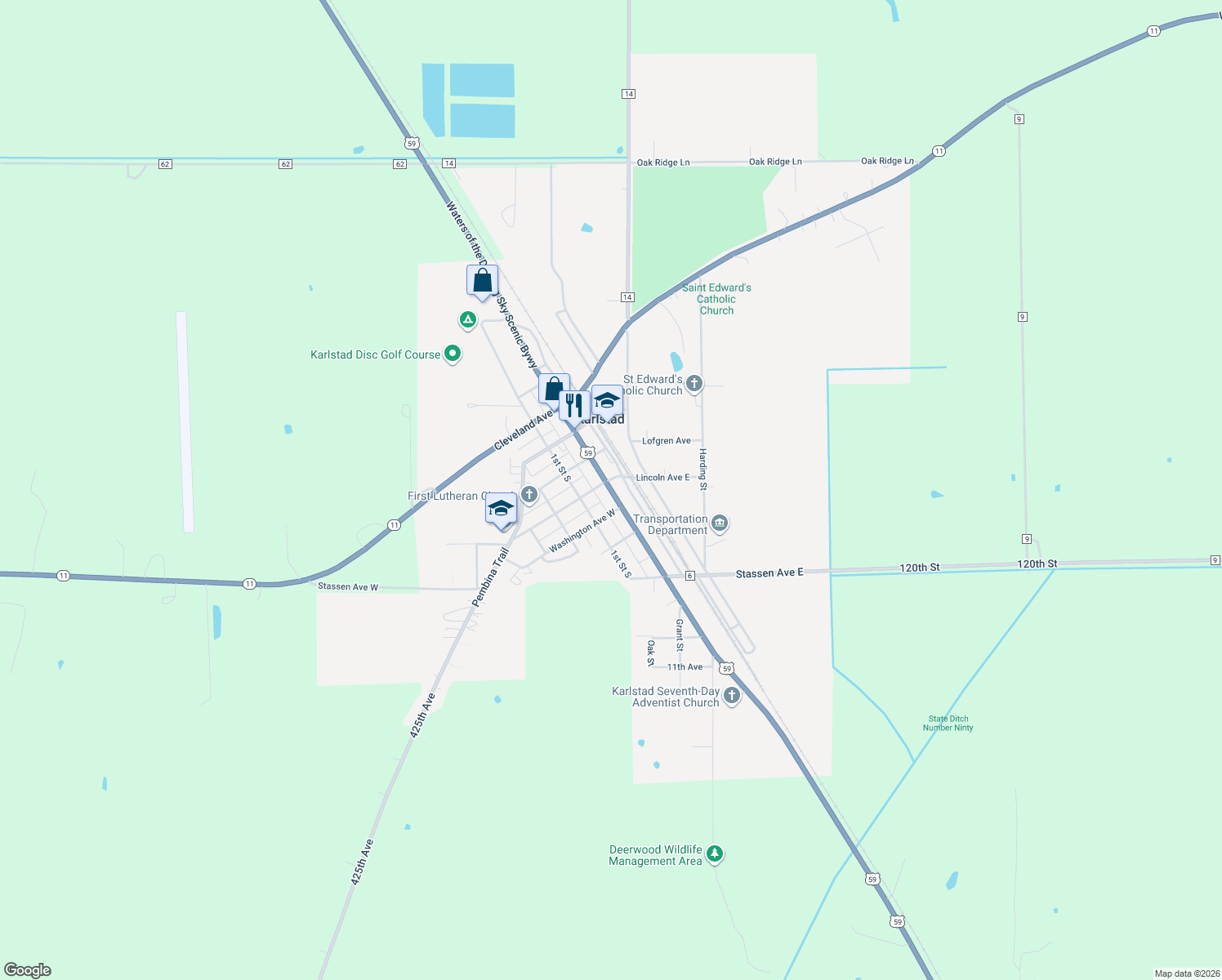 map of restaurants, bars, coffee shops, grocery stores, and more near 504 Main Street in Karlstad