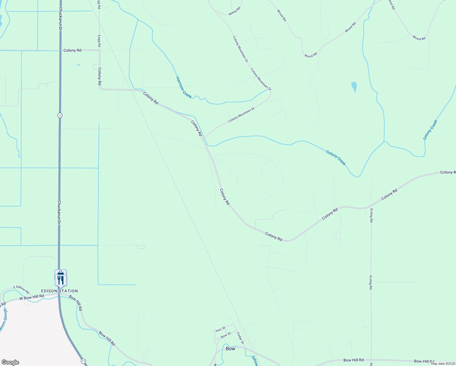 map of restaurants, bars, coffee shops, grocery stores, and more near 16021 Colony Road in Bow