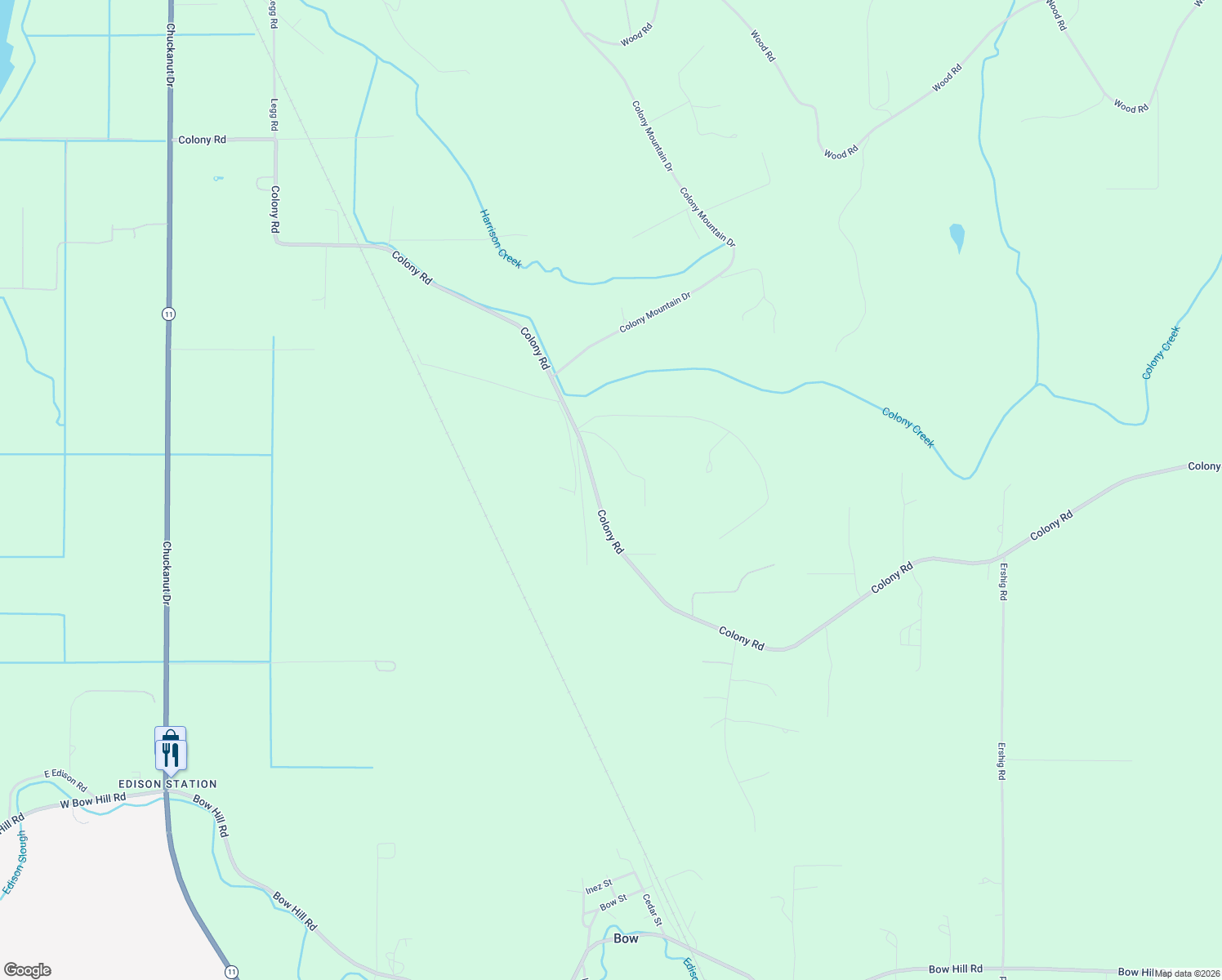 map of restaurants, bars, coffee shops, grocery stores, and more near 16021 Colony Road in Bow