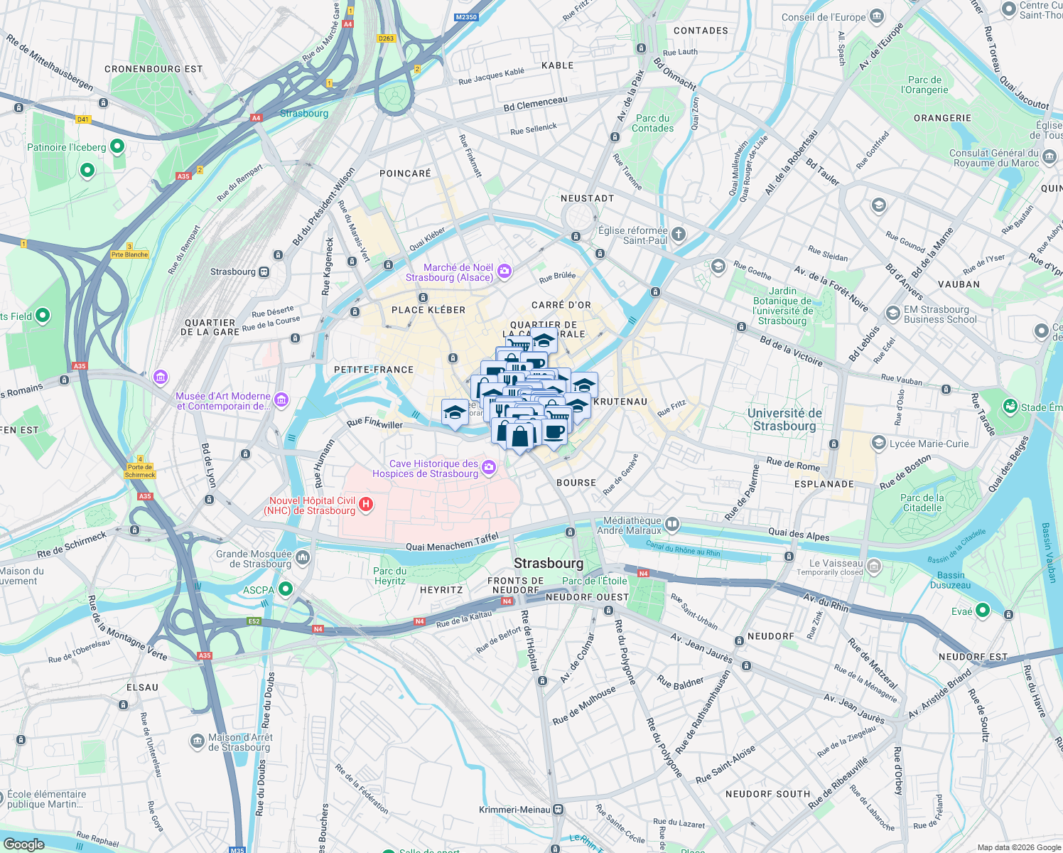 map of restaurants, bars, coffee shops, grocery stores, and more near 4 Rue des Bouchers in Strasbourg