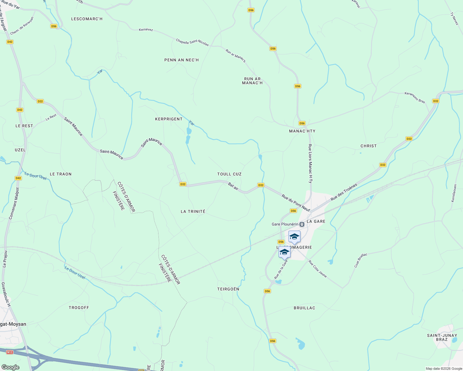 map of restaurants, bars, coffee shops, grocery stores, and more near 3 Bel air in Plounérin