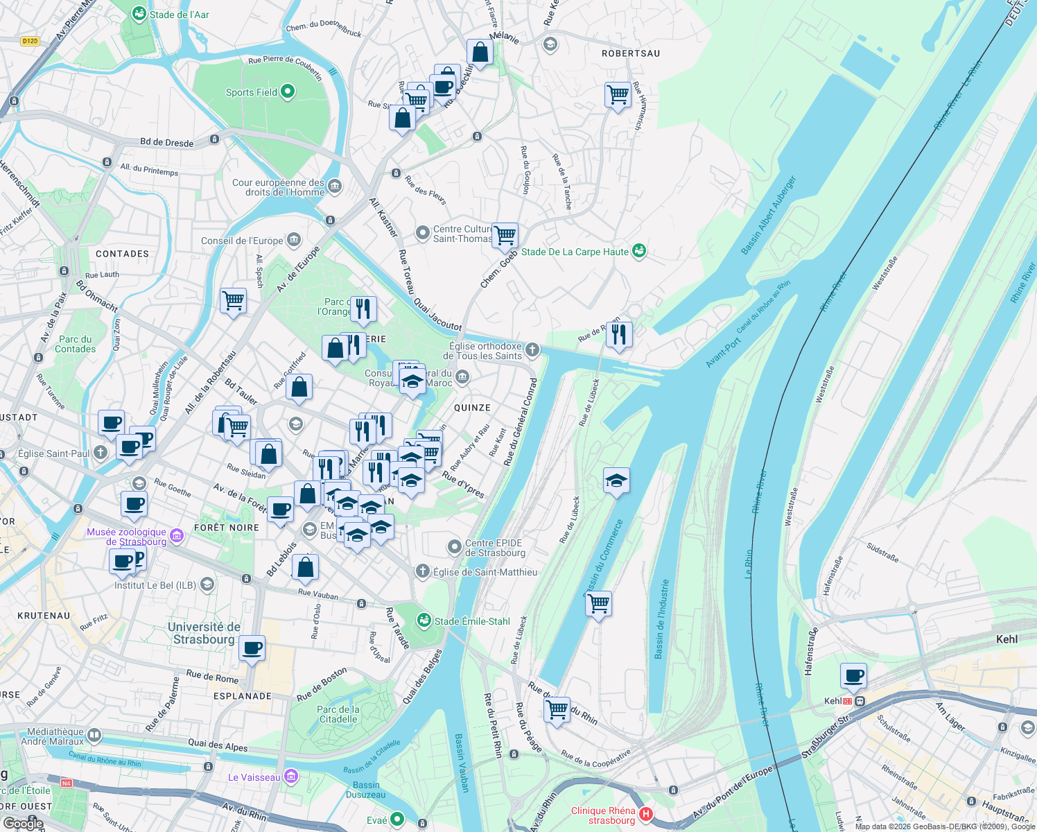 map of restaurants, bars, coffee shops, grocery stores, and more near 71 Rue du Général Conrad in Strasbourg