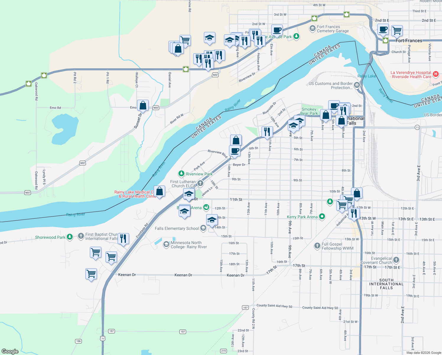 map of restaurants, bars, coffee shops, grocery stores, and more near 1404 Home Lane in International Falls