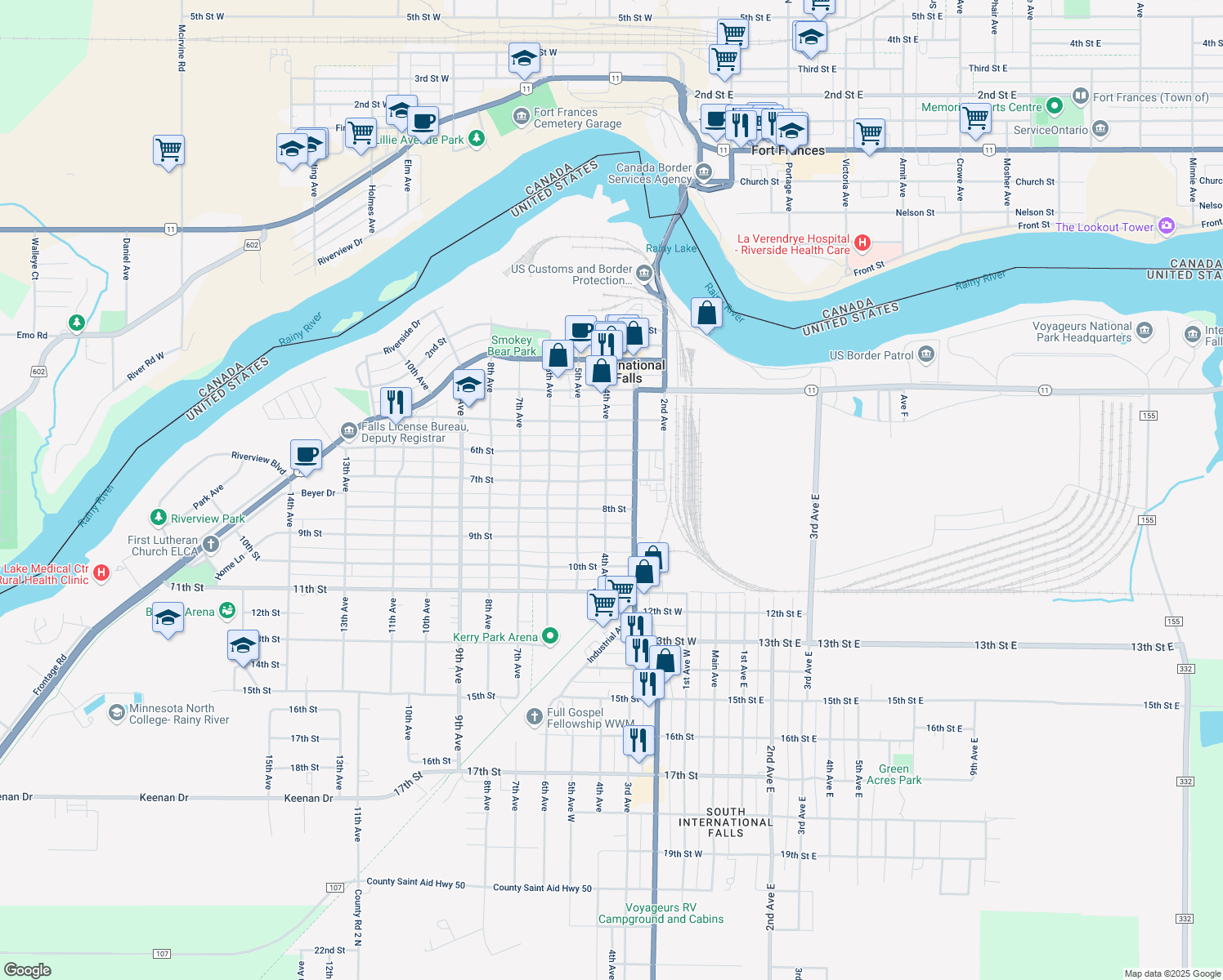map of restaurants, bars, coffee shops, grocery stores, and more near 321 7th Street in International Falls