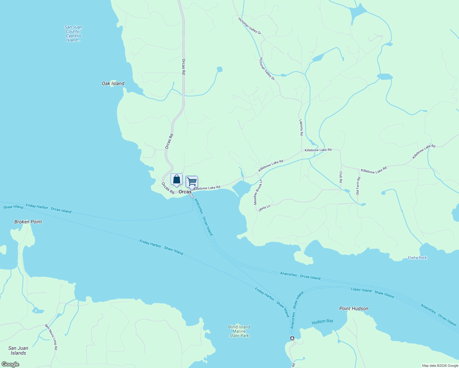 map of restaurants, bars, coffee shops, grocery stores, and more near 239 Killebrew Lake Road in Eastsound