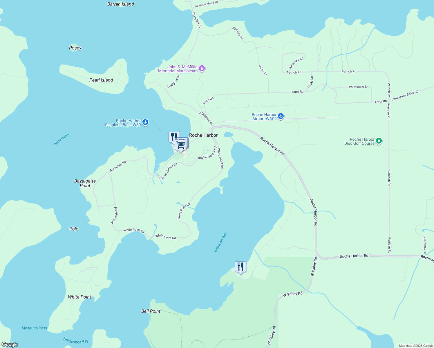map of restaurants, bars, coffee shops, grocery stores, and more near 128 White Point Rd in Friday Harbor