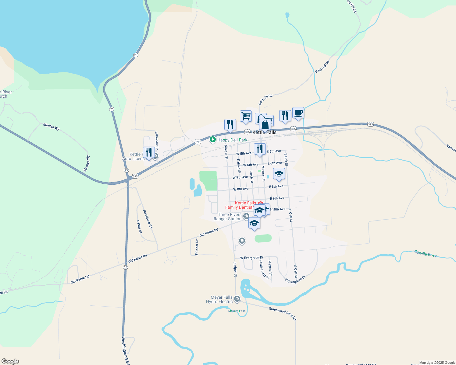 map of restaurants, bars, coffee shops, grocery stores, and more near 735 Juniper Street in Kettle Falls