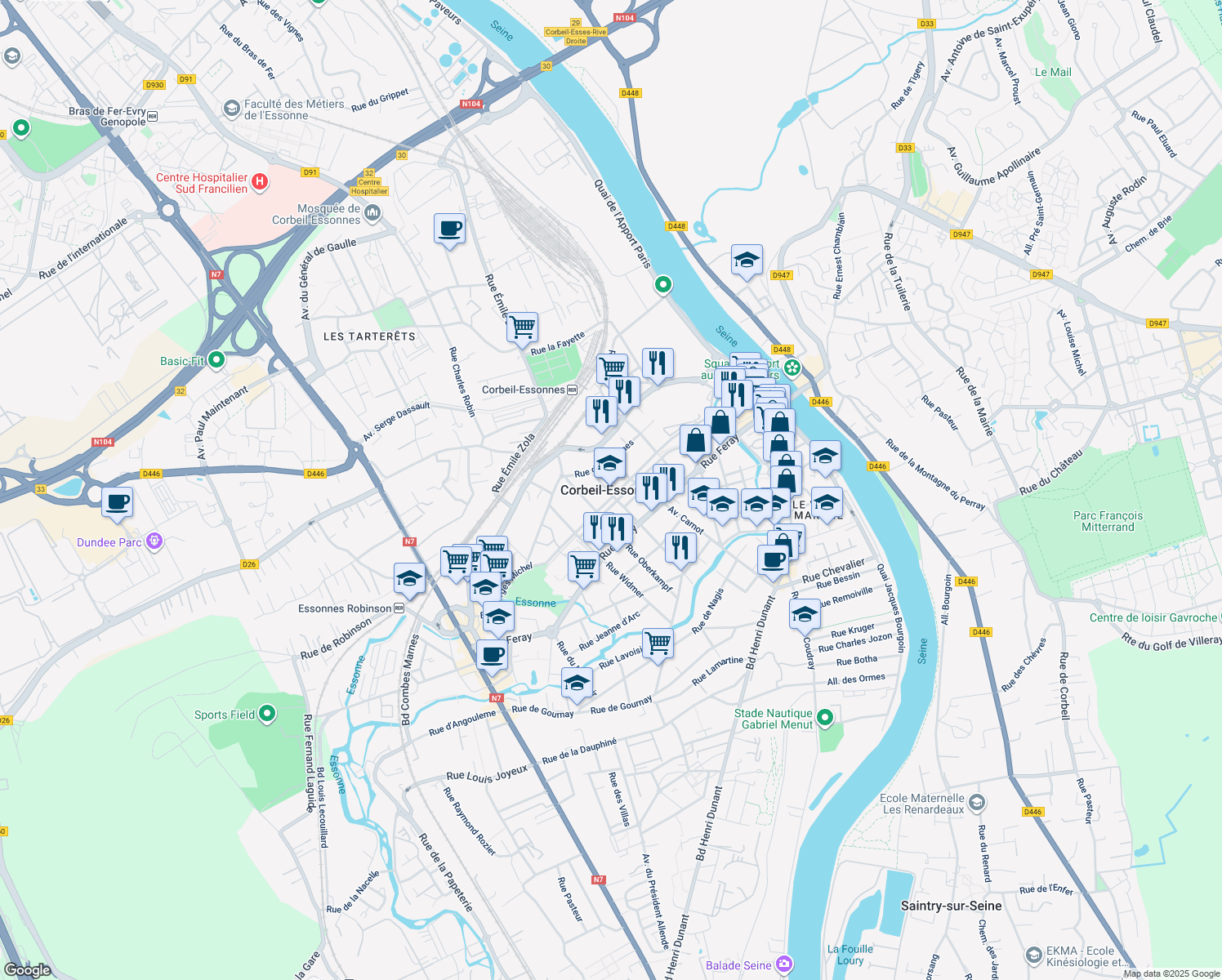 map of restaurants, bars, coffee shops, grocery stores, and more near in Corbeil-Essonnes