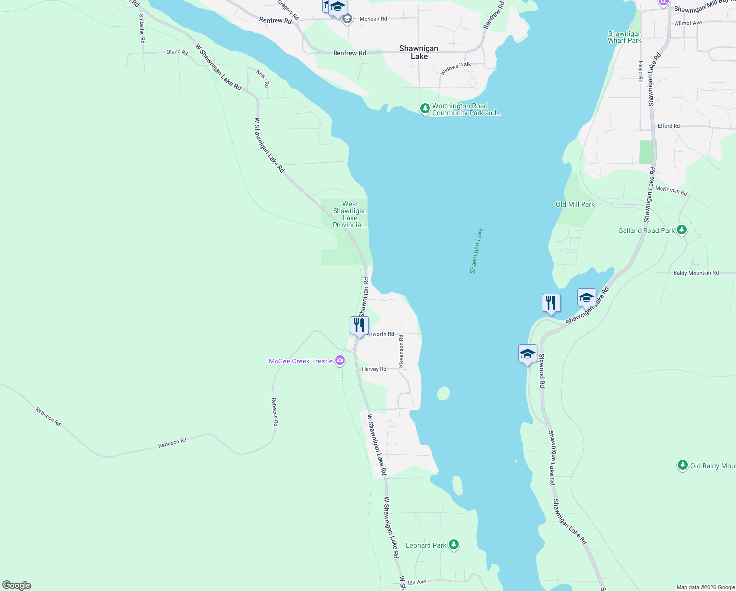 map of restaurants, bars, coffee shops, grocery stores, and more near 2144 Angus Road in Shawnigan Lake