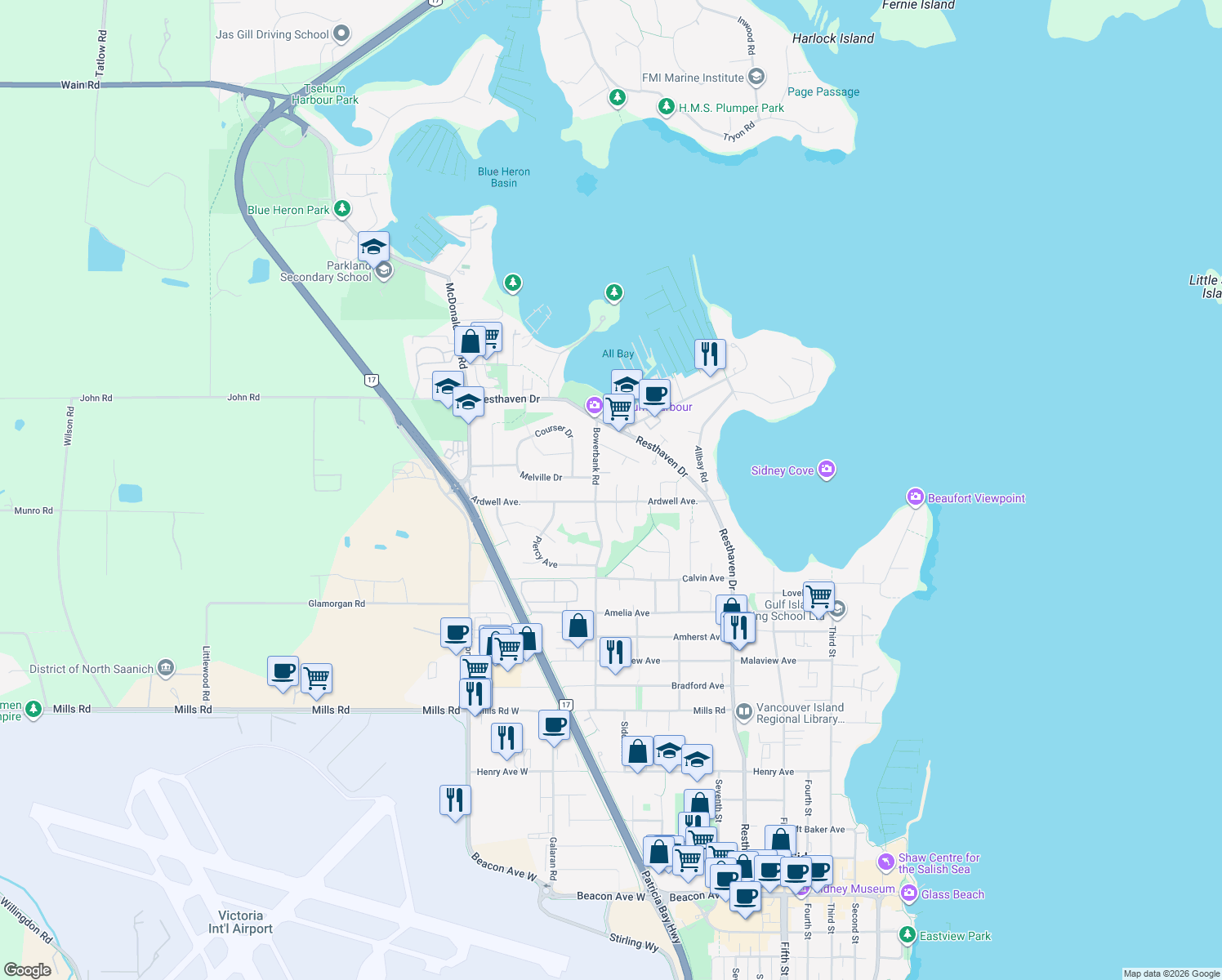 map of restaurants, bars, coffee shops, grocery stores, and more near 10344 Devlin Place in Sidney