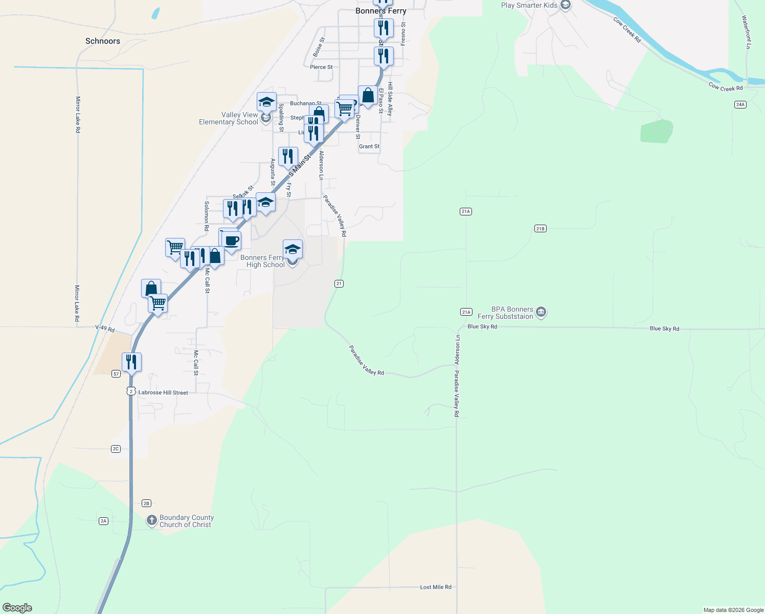 map of restaurants, bars, coffee shops, grocery stores, and more near 493 Scenic Drive in Bonners Ferry