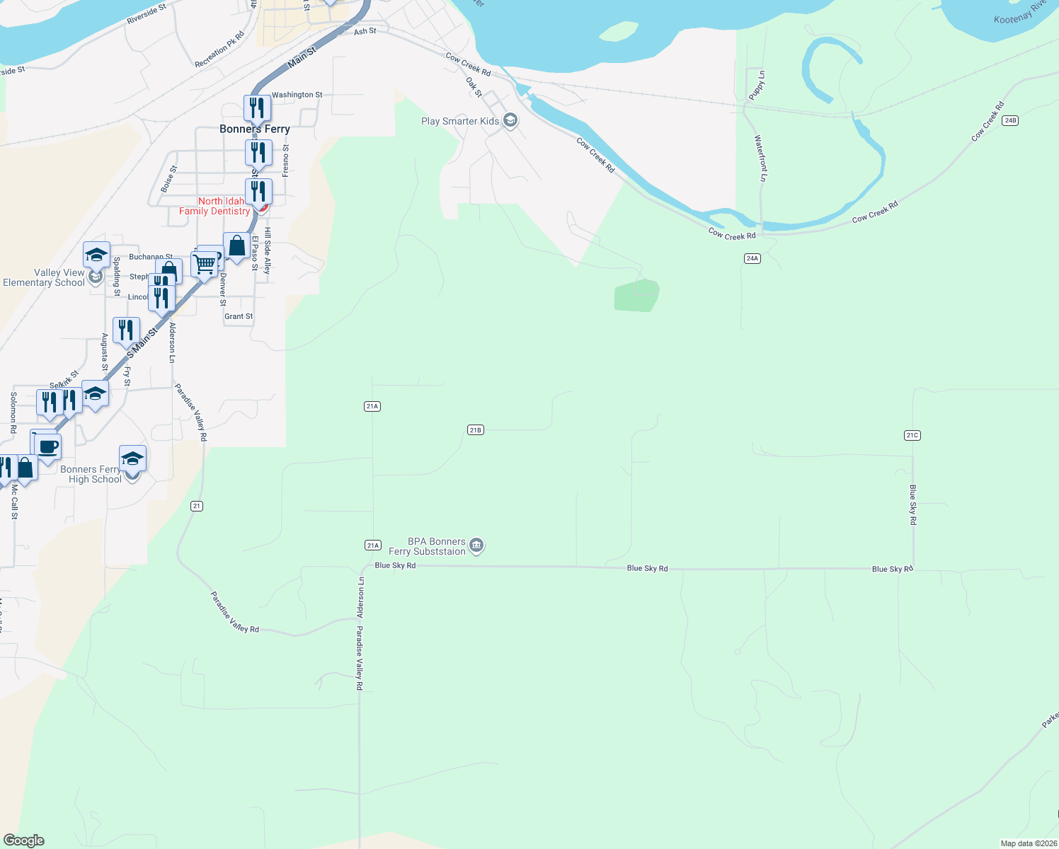 map of restaurants, bars, coffee shops, grocery stores, and more near 485 Stellar Jay Road in Bonners Ferry