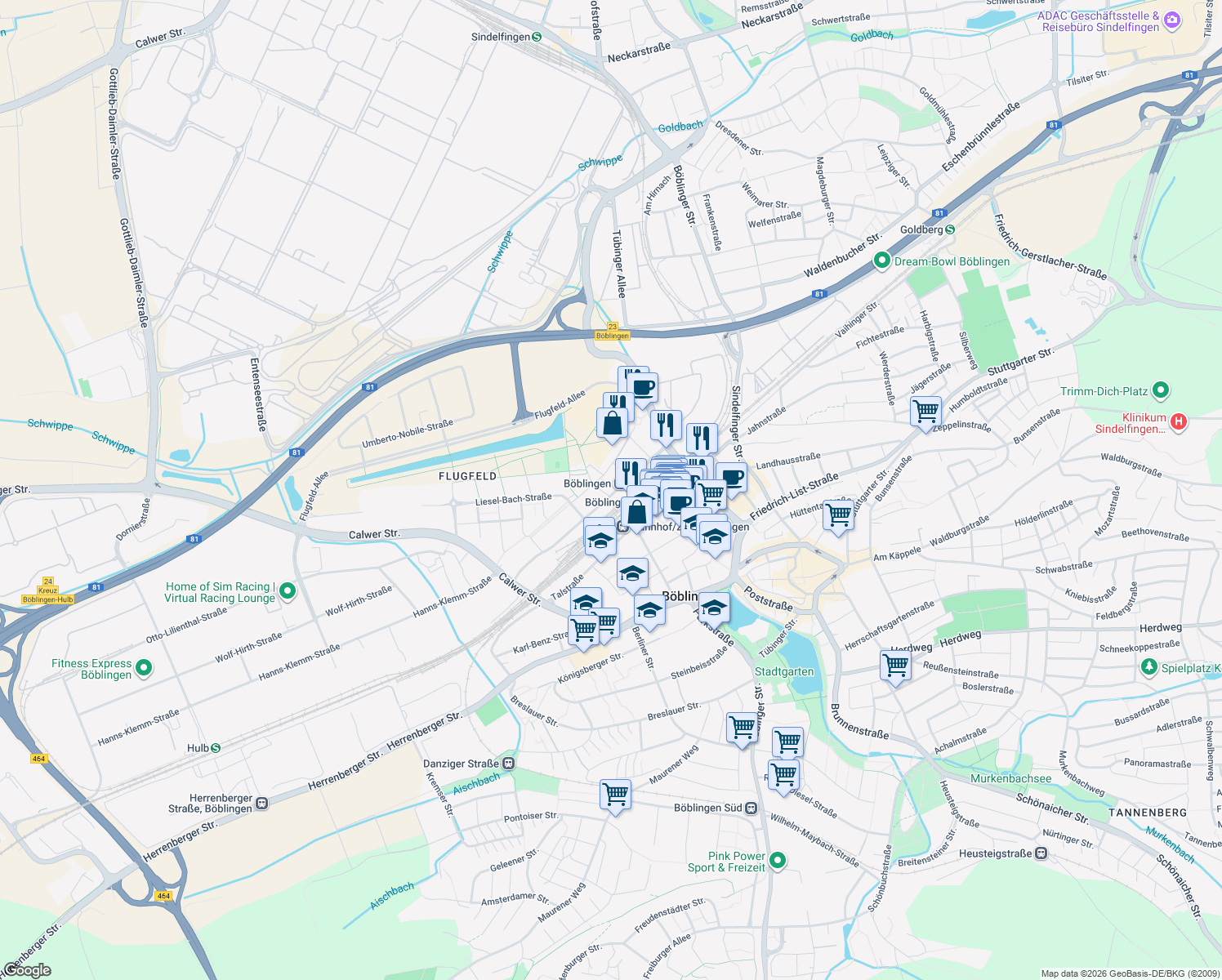 map of restaurants, bars, coffee shops, grocery stores, and more near 14 Konrad-Zuse-Straße in Böblingen