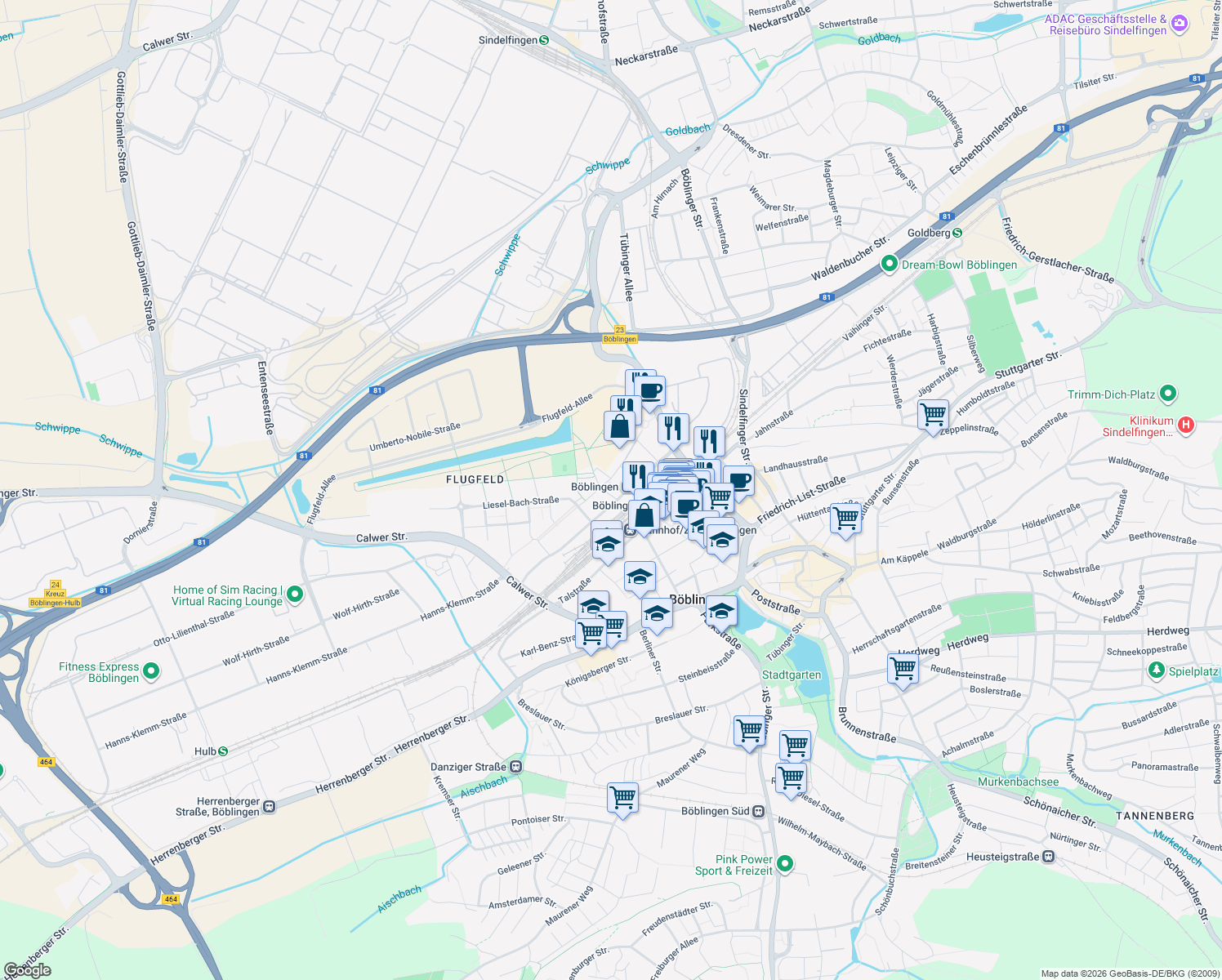 map of restaurants, bars, coffee shops, grocery stores, and more near 14 Konrad-Zuse-Straße in Böblingen