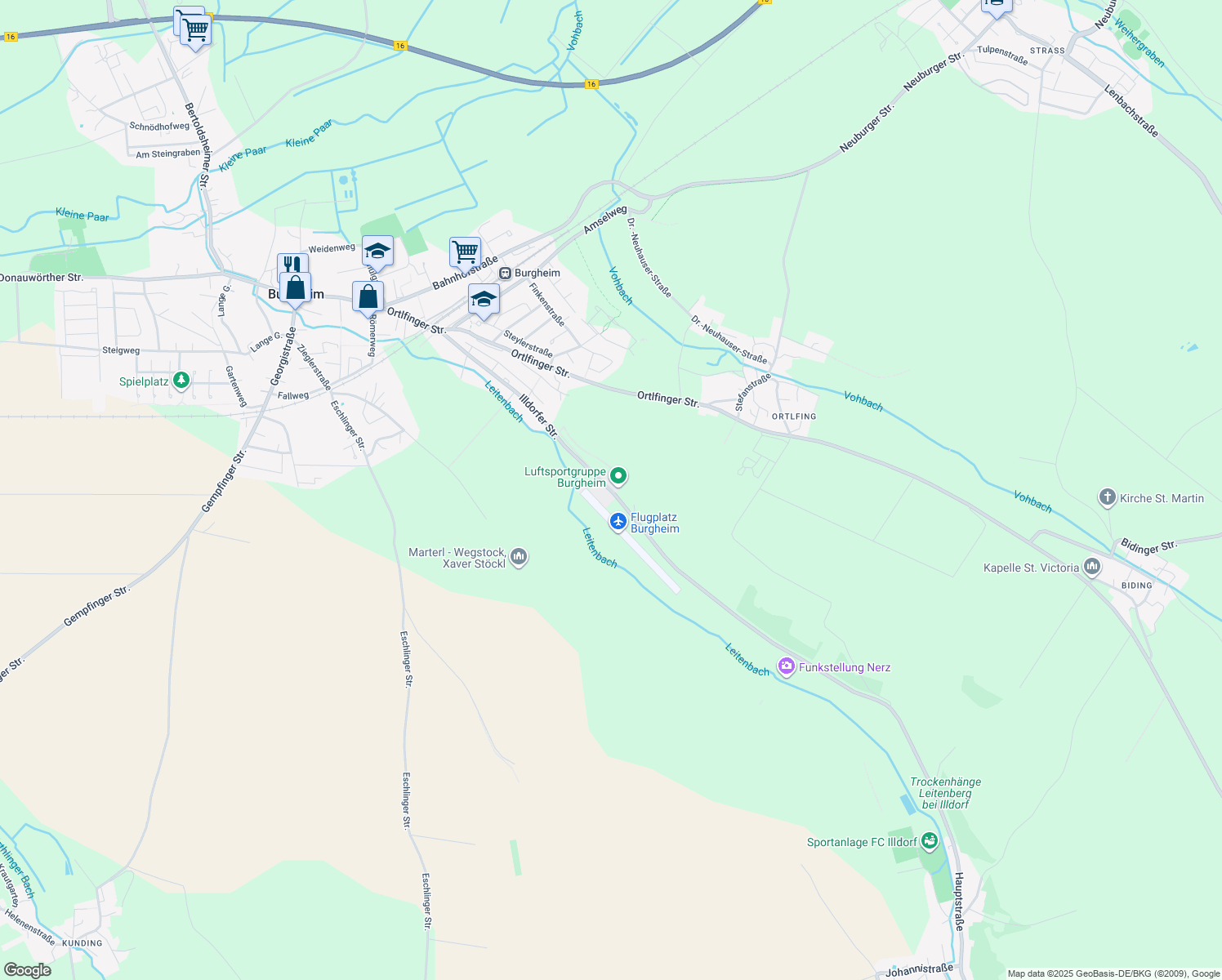 map of restaurants, bars, coffee shops, grocery stores, and more near Illdorfer Straße in Burgheim