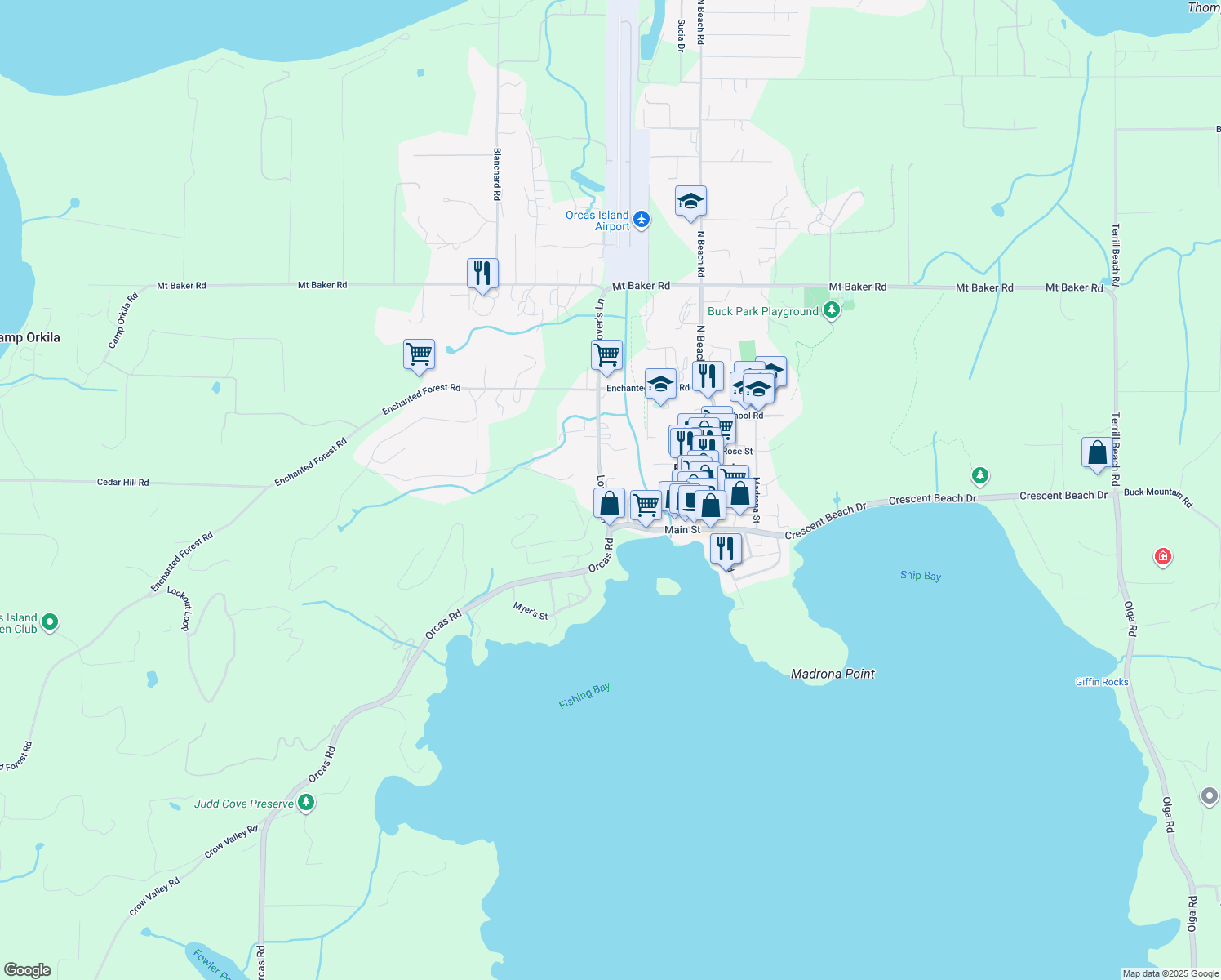 map of restaurants, bars, coffee shops, grocery stores, and more near 30 Bright Water Lane in Eastsound