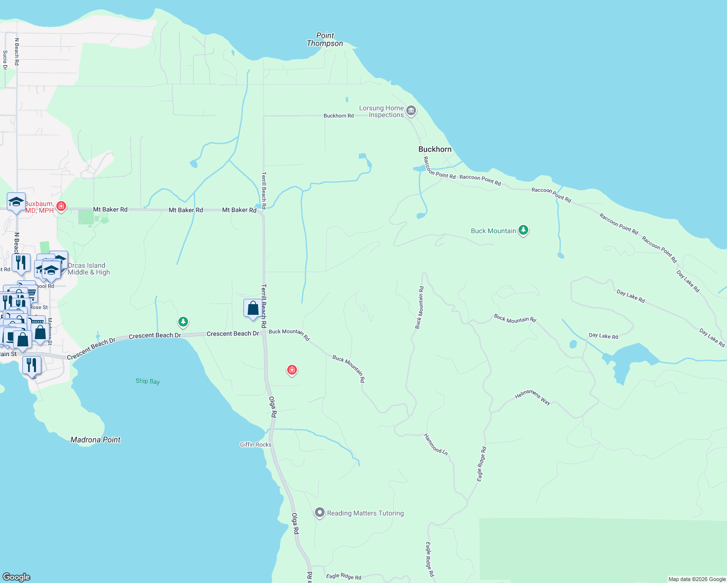 map of restaurants, bars, coffee shops, grocery stores, and more near 327 Parker Reef Road in Eastsound