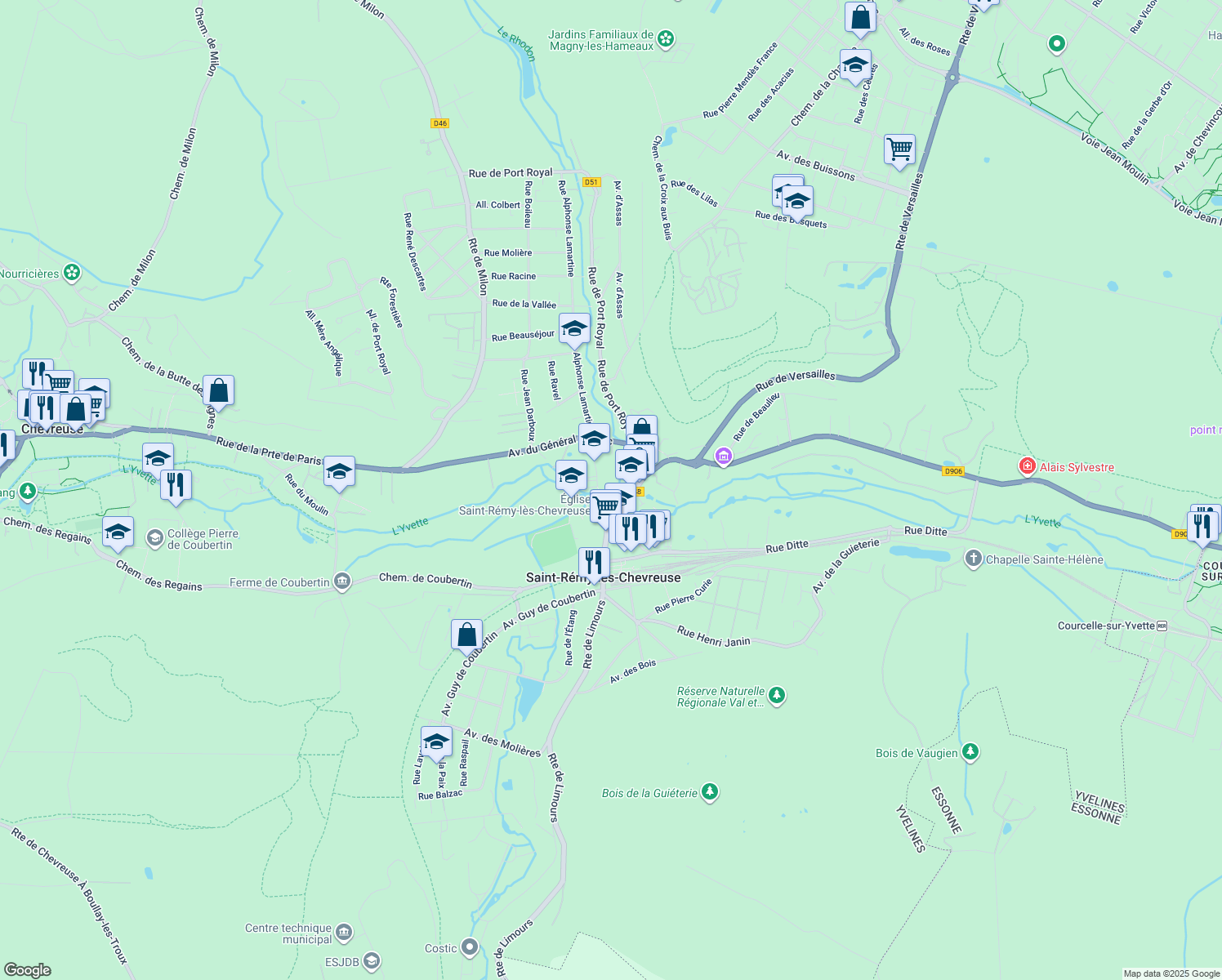 map of restaurants, bars, coffee shops, grocery stores, and more near in Milon-la-Chapelle