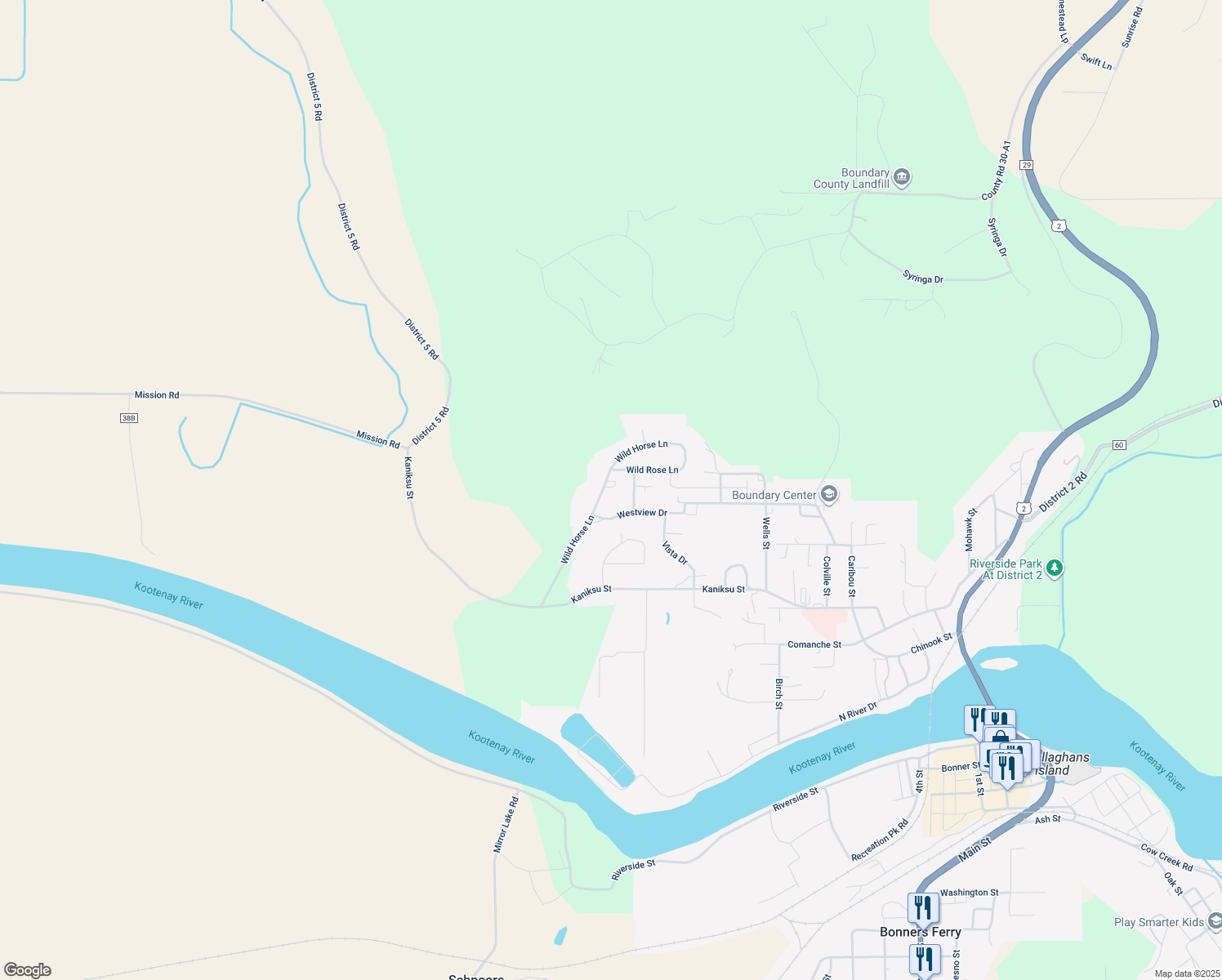 map of restaurants, bars, coffee shops, grocery stores, and more near 7531 Wild Horse Lane in Bonners Ferry