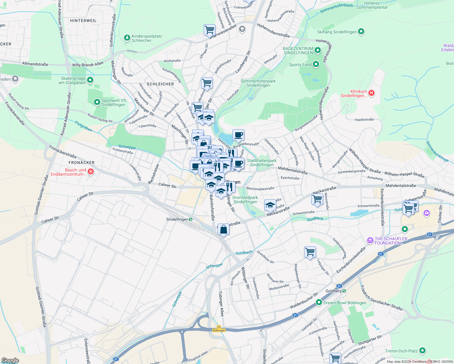 map of restaurants, bars, coffee shops, grocery stores, and more near in Sindelfingen