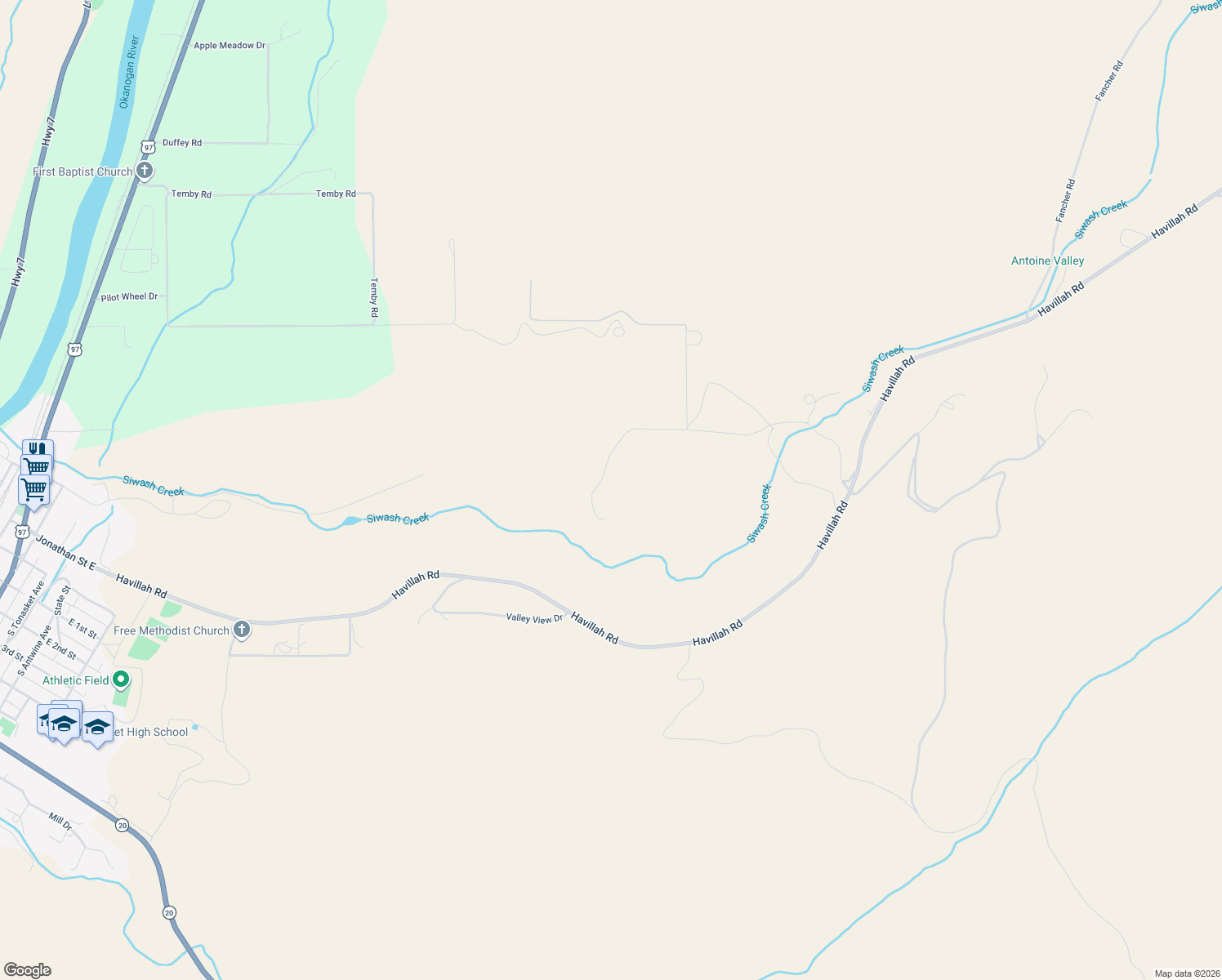 map of restaurants, bars, coffee shops, grocery stores, and more near 93 Warren Road in Tonasket