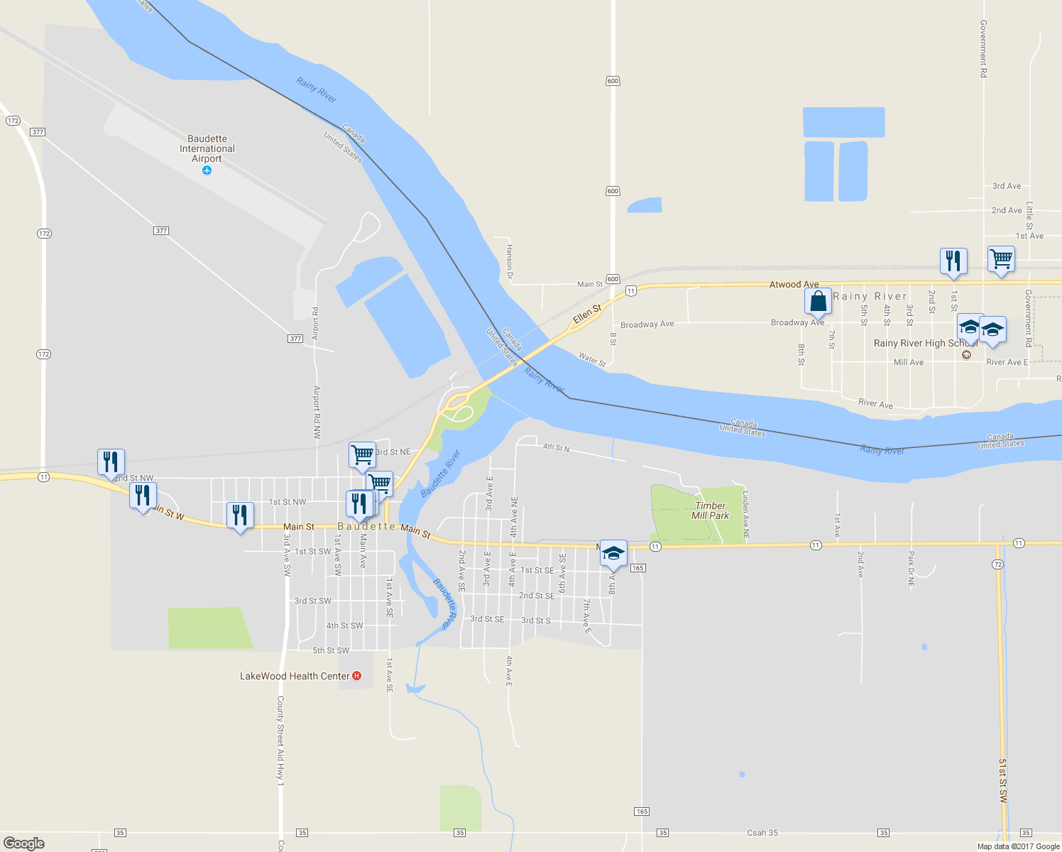 map of restaurants, bars, coffee shops, grocery stores, and more near 510 Tower Drive in Baudette
