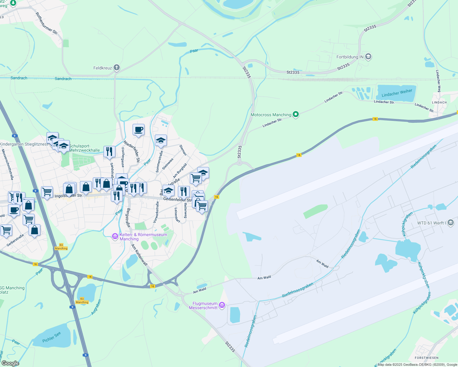 map of restaurants, bars, coffee shops, grocery stores, and more near in Manching