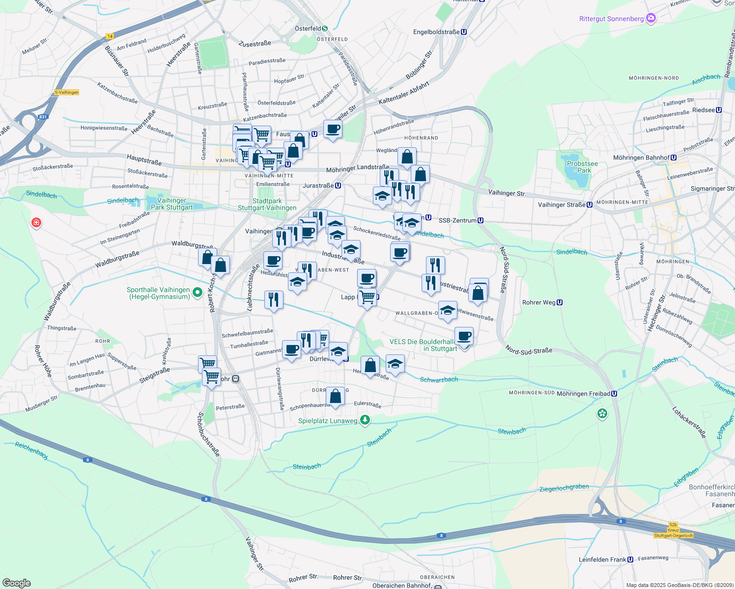 map of restaurants, bars, coffee shops, grocery stores, and more near 142 Am Wallgraben in Stuttgart
