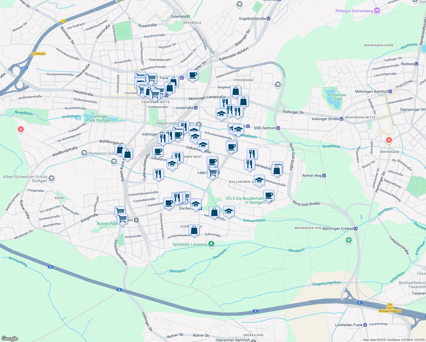 map of restaurants, bars, coffee shops, grocery stores, and more near 142 Am Wallgraben in Stuttgart