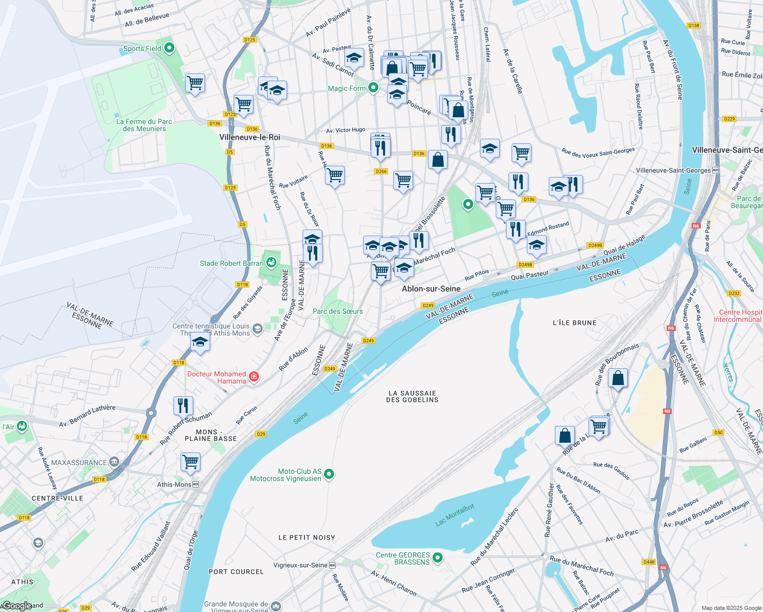 map of restaurants, bars, coffee shops, grocery stores, and more near 14 Rue du Bac in Ablon-sur-Seine