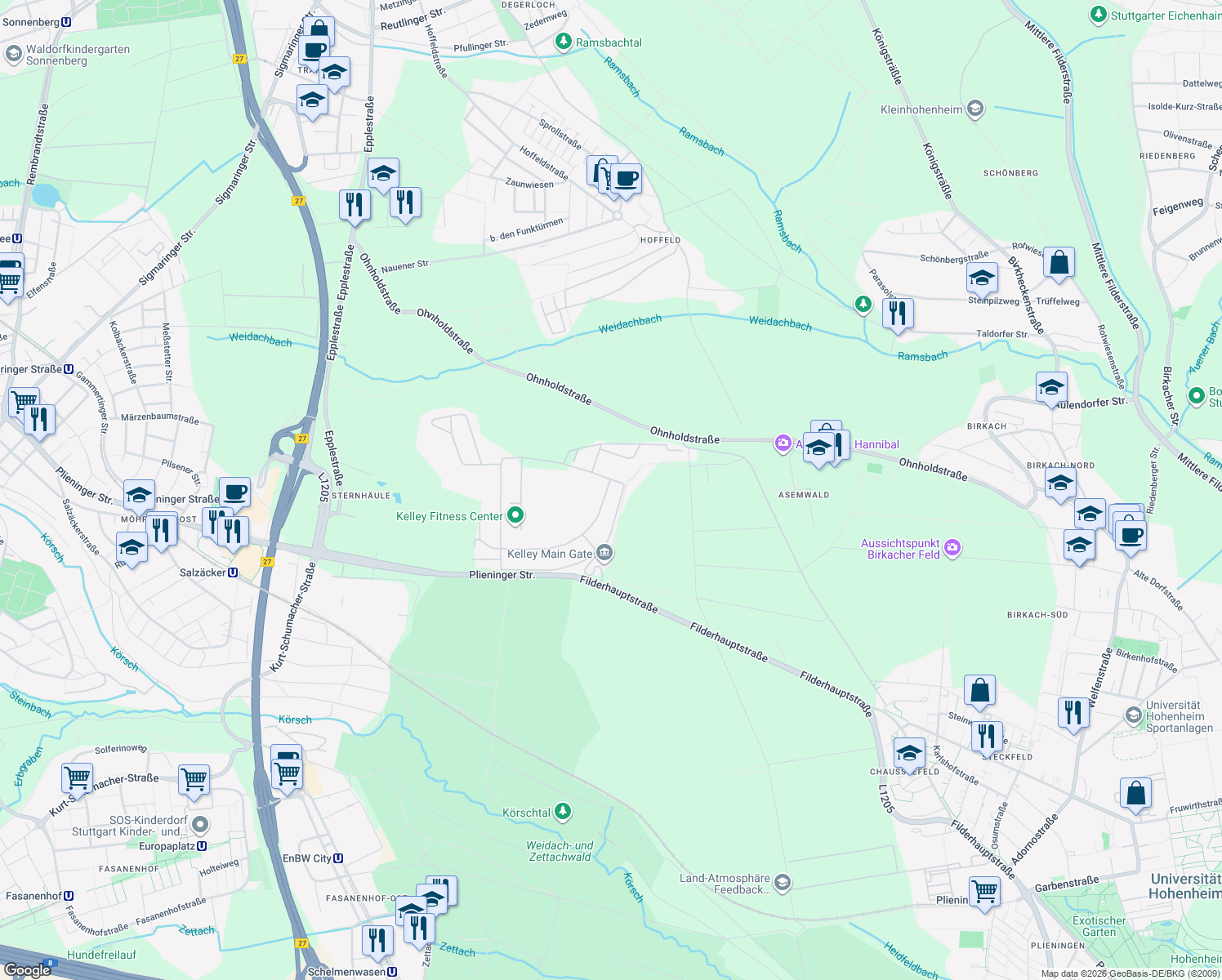 map of restaurants, bars, coffee shops, grocery stores, and more near 3316 Kelley Barracks in Stuttgart
