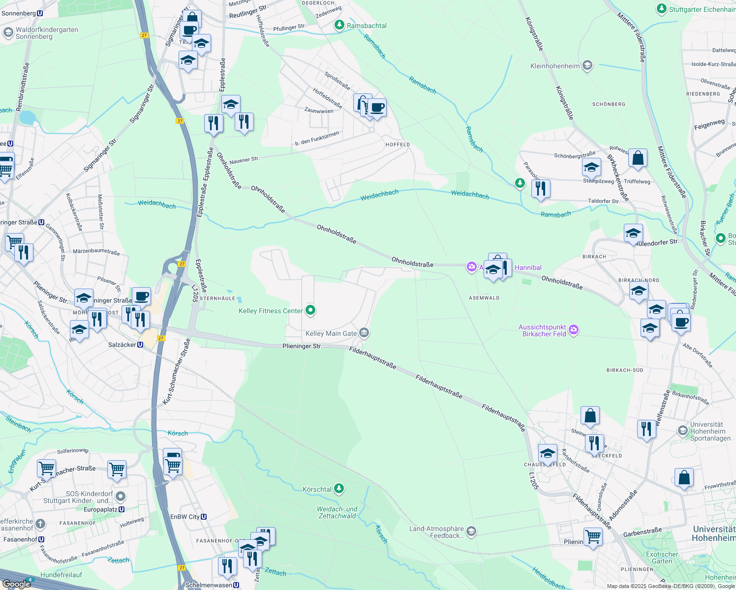 map of restaurants, bars, coffee shops, grocery stores, and more near 3316 Kelley Barracks in Stuttgart
