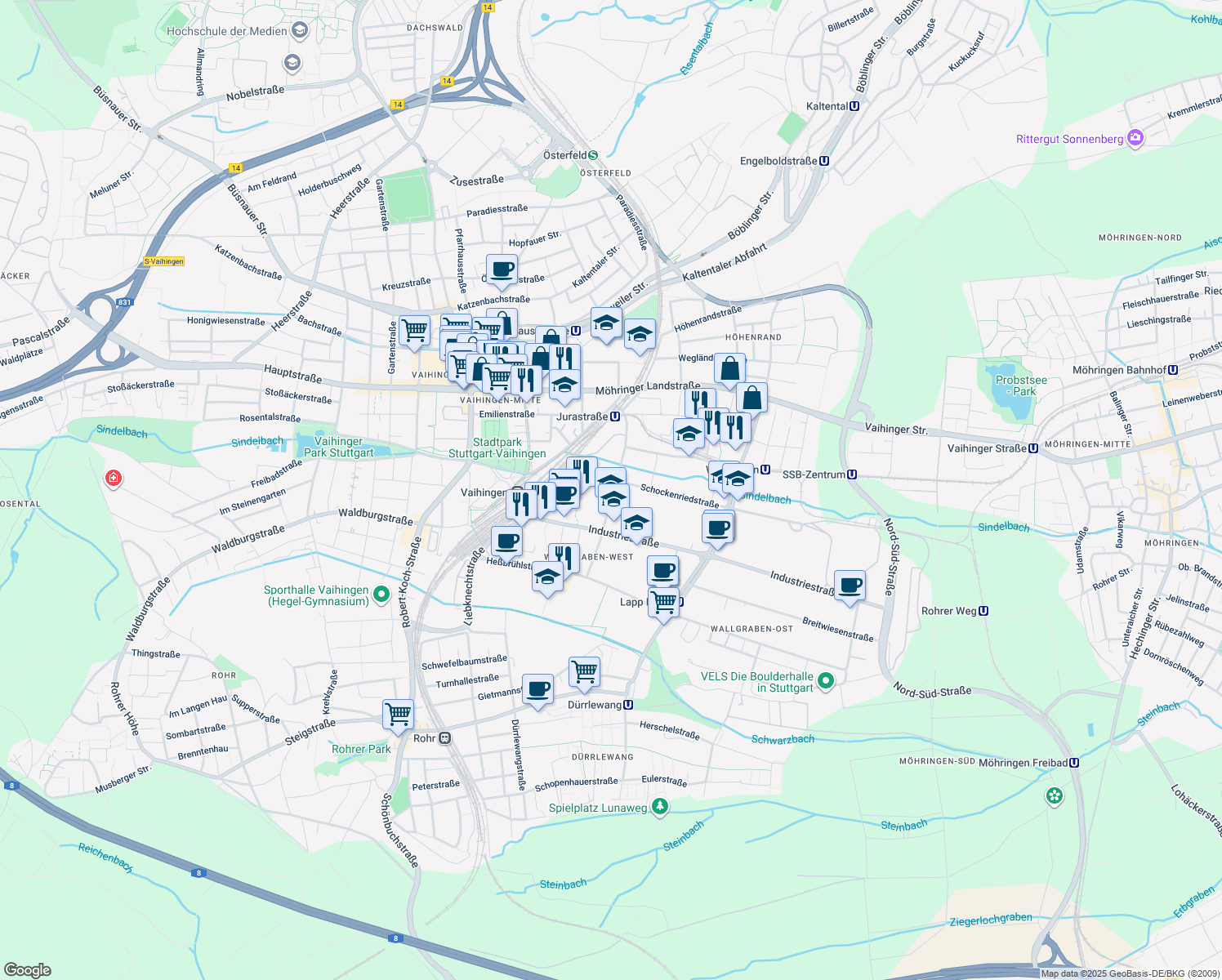 map of restaurants, bars, coffee shops, grocery stores, and more near 26 Ruppmannstraße in Stuttgart