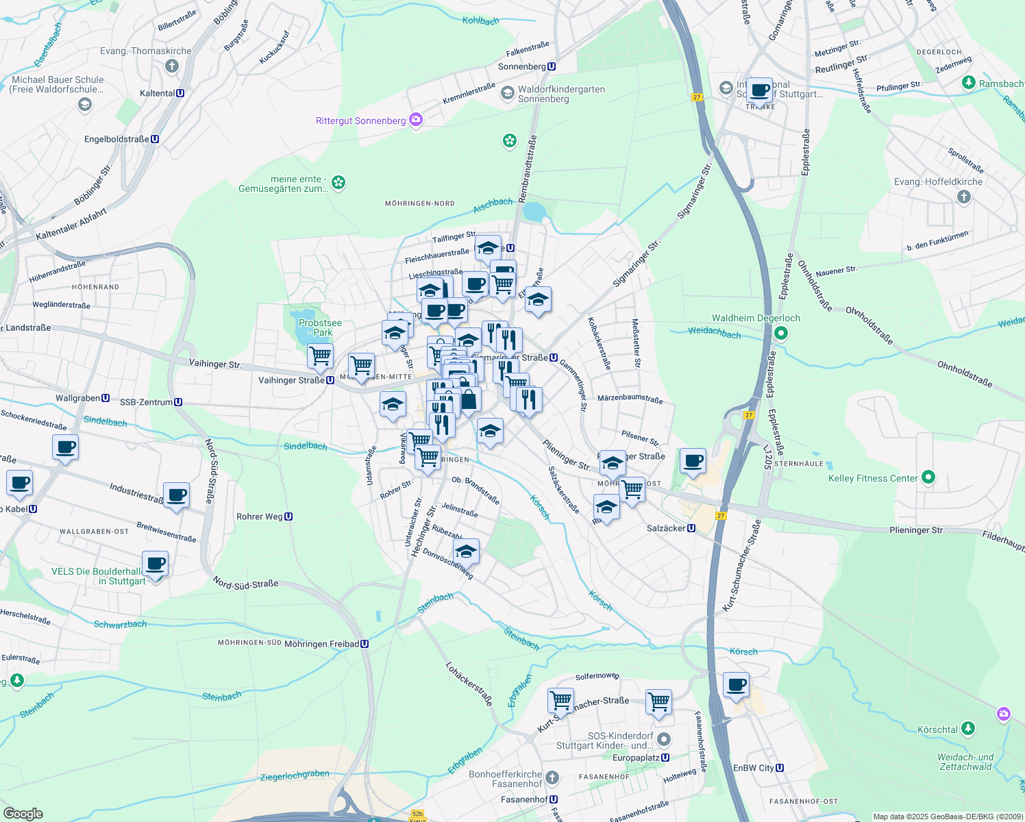 map of restaurants, bars, coffee shops, grocery stores, and more near 8 Plieninger Straße in Stuttgart