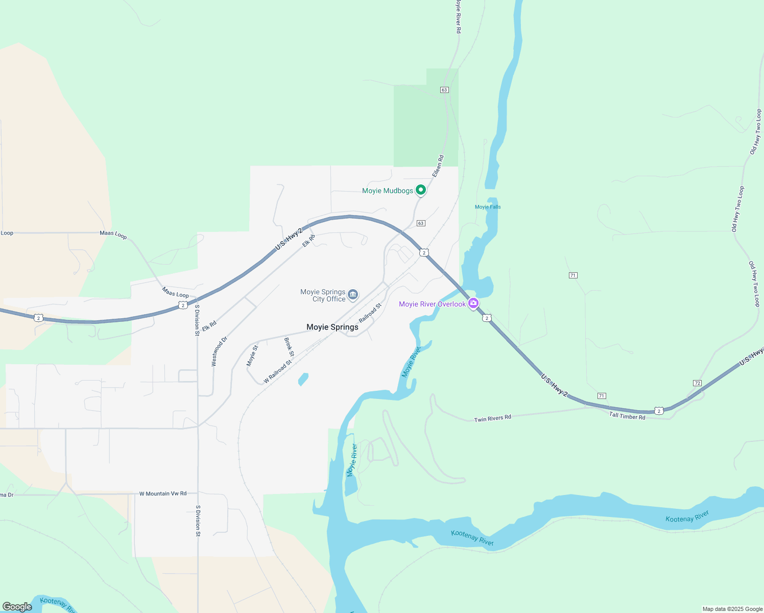 map of restaurants, bars, coffee shops, grocery stores, and more near 184 East Railroad Street in Moyie Springs