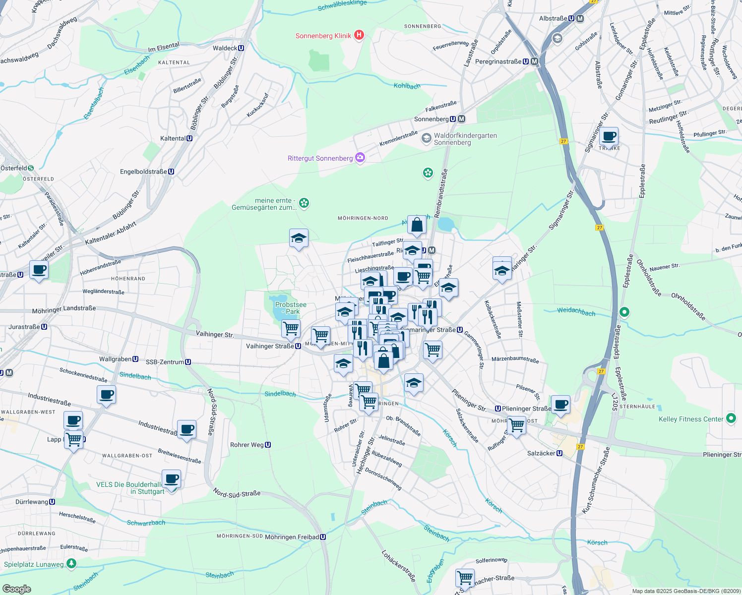 map of restaurants, bars, coffee shops, grocery stores, and more near 17 Probststraße in Stuttgart