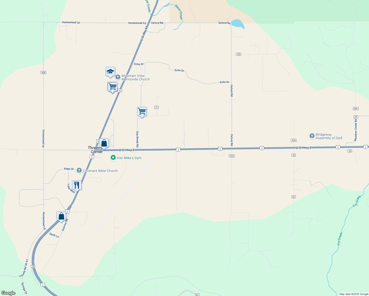 map of restaurants, bars, coffee shops, grocery stores, and more near 10 Shady Glade Road in Bonners Ferry