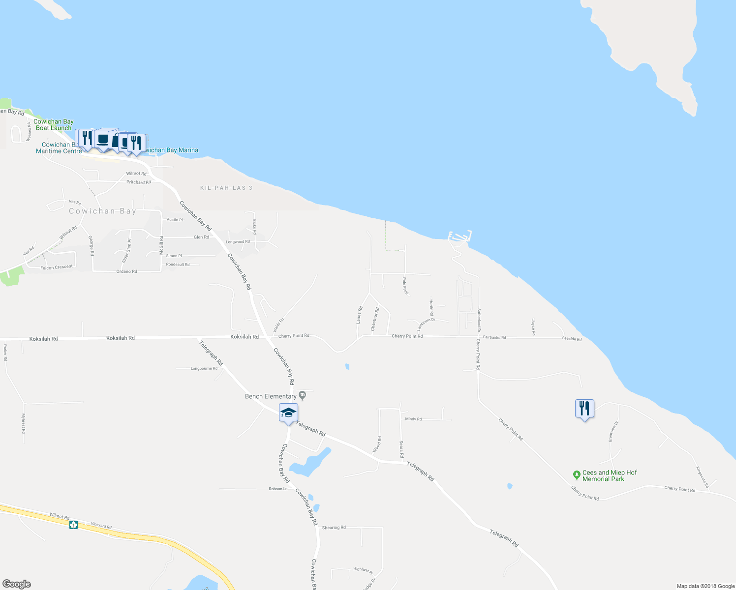 map of restaurants, bars, coffee shops, grocery stores, and more near 4515 Lanes Road in Cowichan Bay