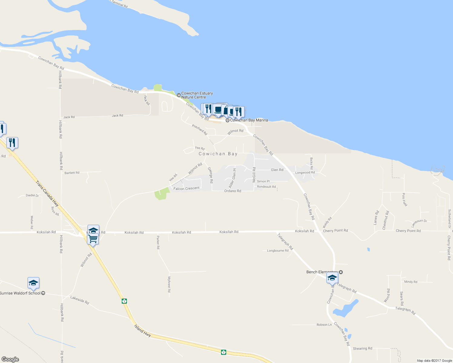 map of restaurants, bars, coffee shops, grocery stores, and more near 1734 Maple Glen Place in Cowichan Bay