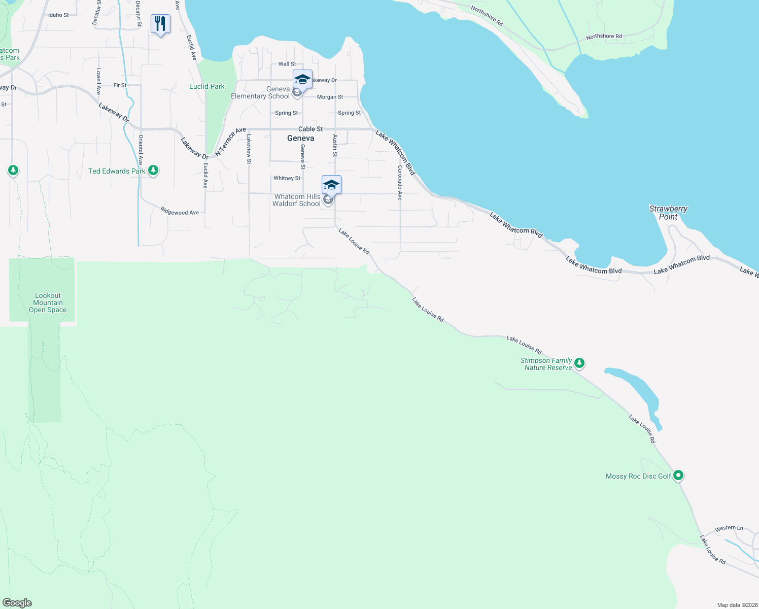 map of restaurants, bars, coffee shops, grocery stores, and more near 4750 Lost Creek Lane in Bellingham
