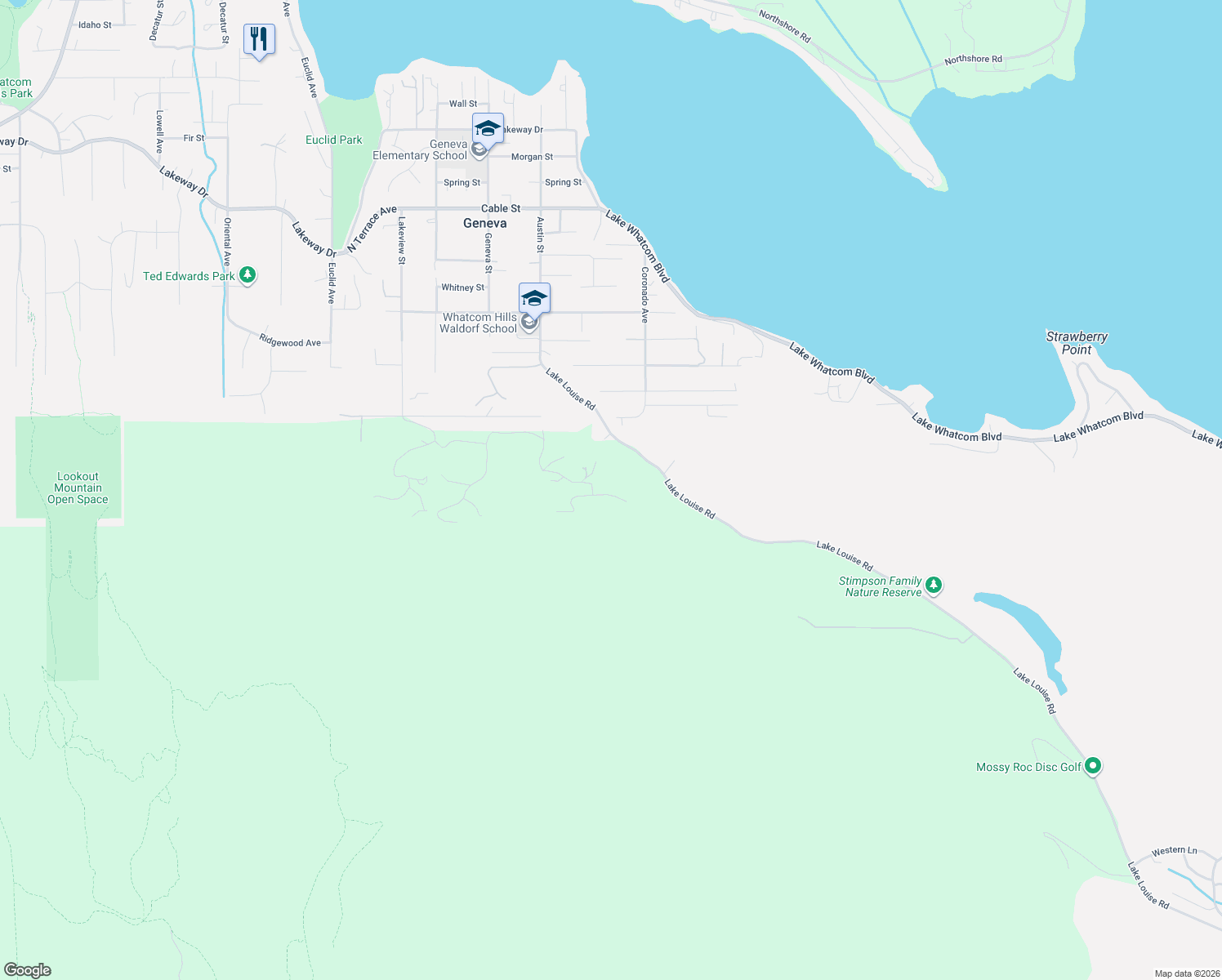map of restaurants, bars, coffee shops, grocery stores, and more near 4750 Lost Creek Lane in Bellingham