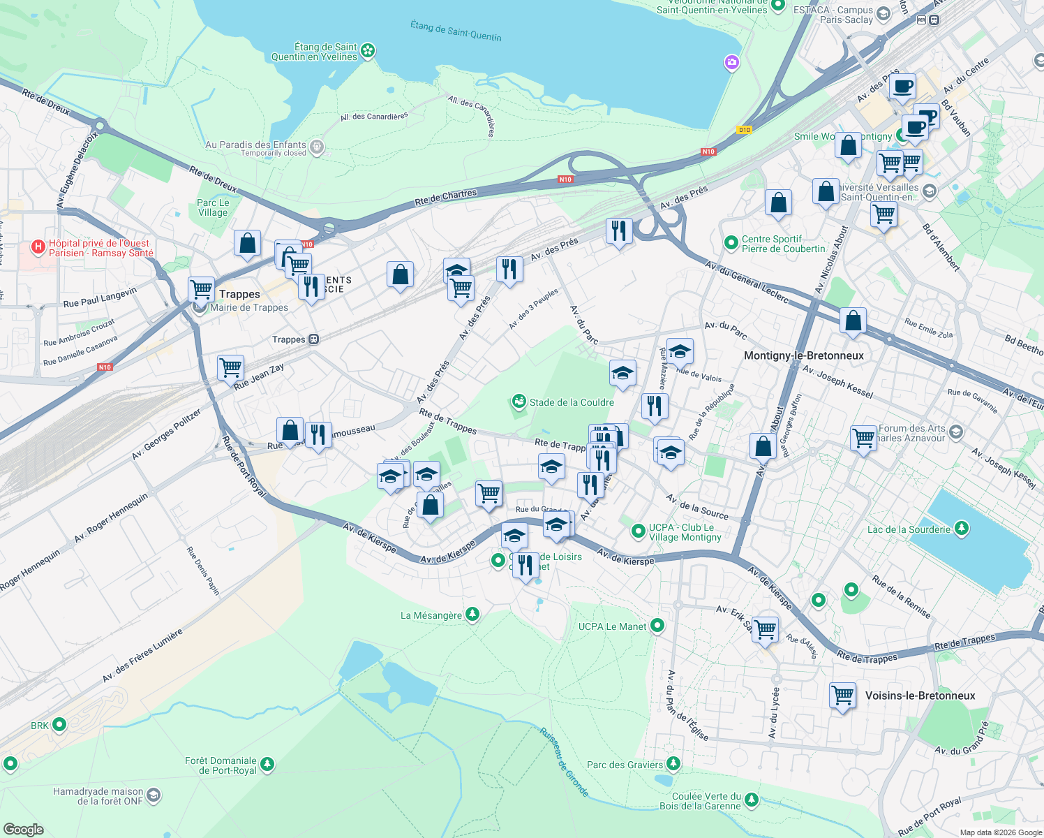 map of restaurants, bars, coffee shops, grocery stores, and more near in Montigny-le-Bretonneux