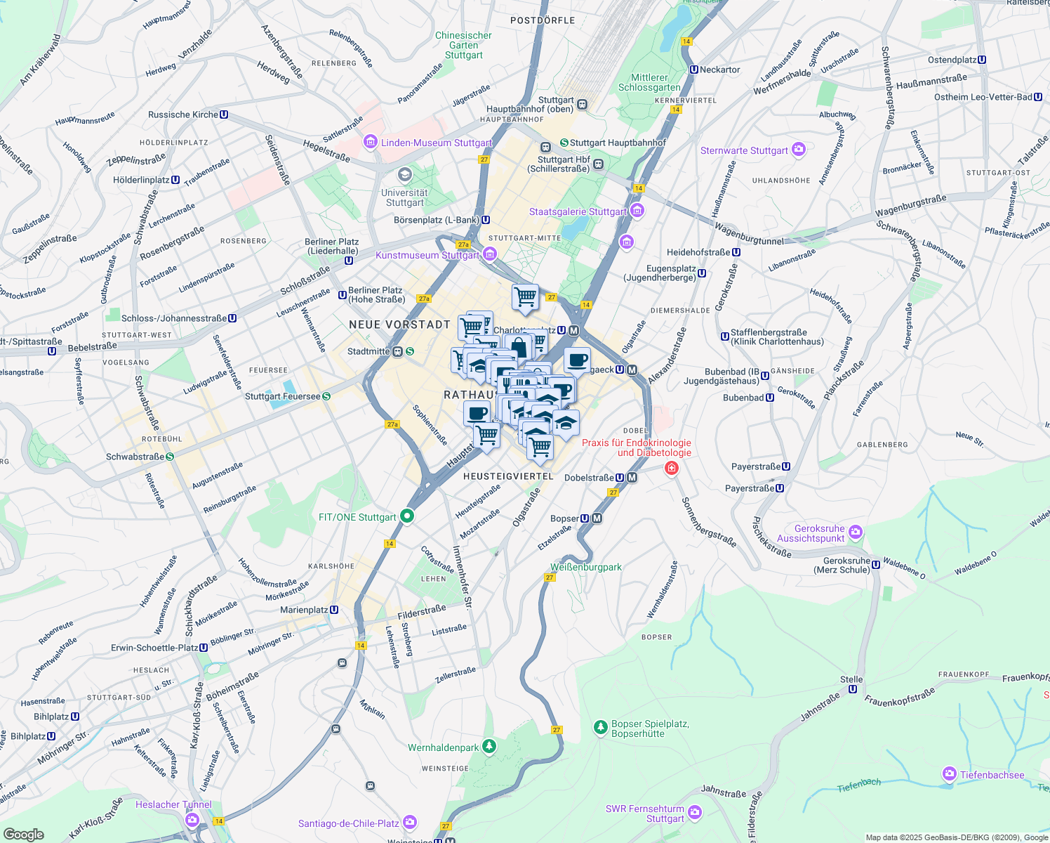 map of restaurants, bars, coffee shops, grocery stores, and more near 9 Leonhardstraße in Stuttgart
