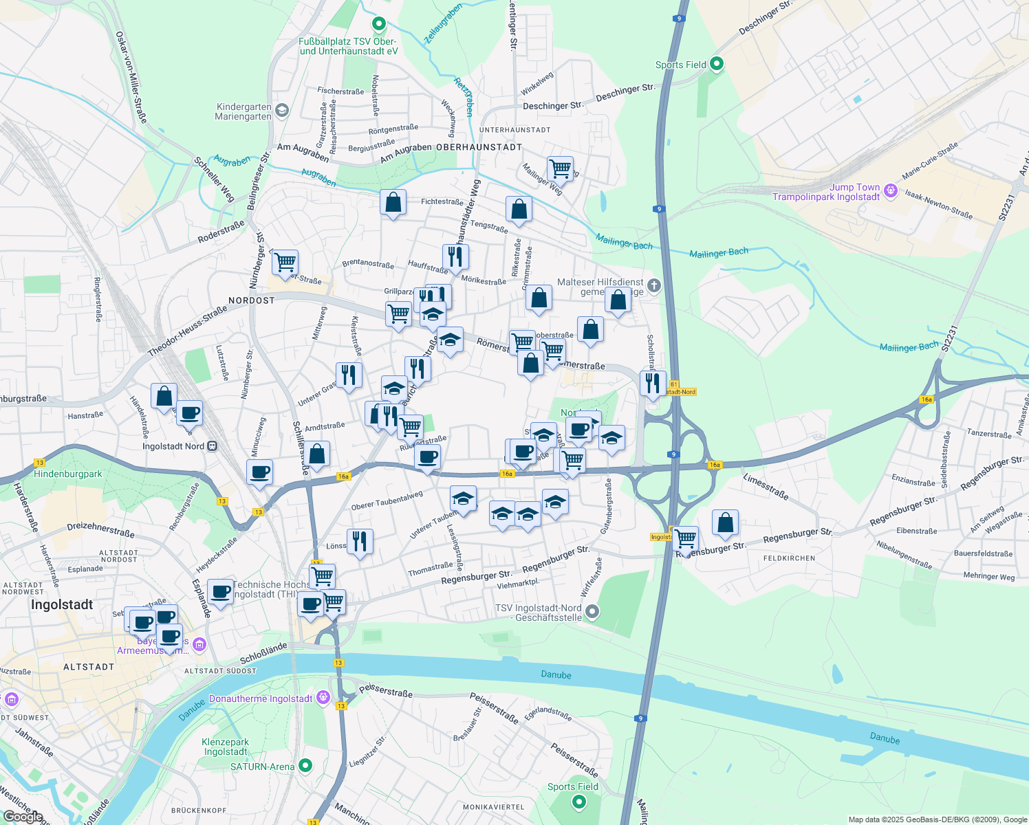 map of restaurants, bars, coffee shops, grocery stores, and more near 6 Despag-Straße in Ingolstadt