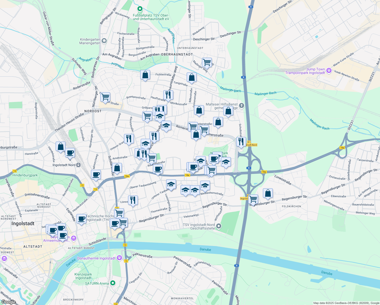 map of restaurants, bars, coffee shops, grocery stores, and more near 6 Despag-Straße in Ingolstadt