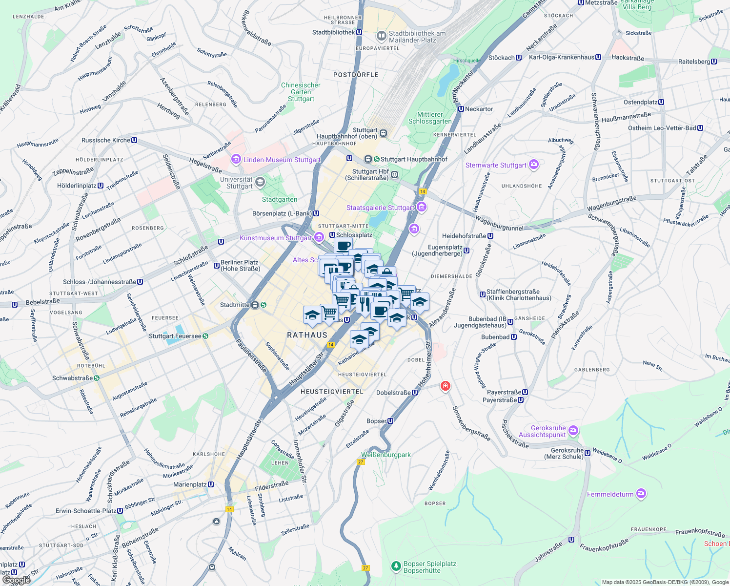 map of restaurants, bars, coffee shops, grocery stores, and more near 6 Else-Josenhans-Straße in Stuttgart