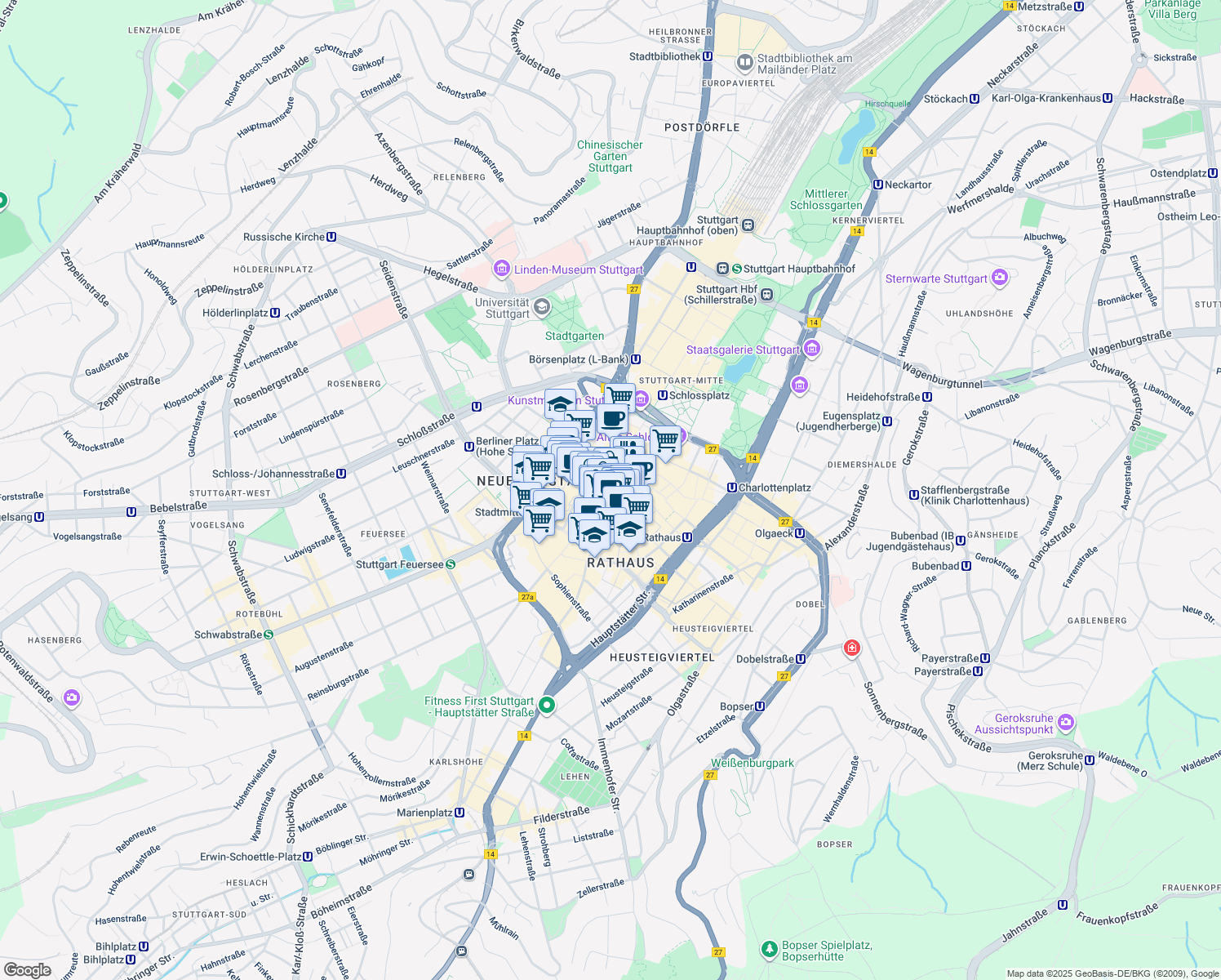 map of restaurants, bars, coffee shops, grocery stores, and more near 27 Königstraße in Stuttgart