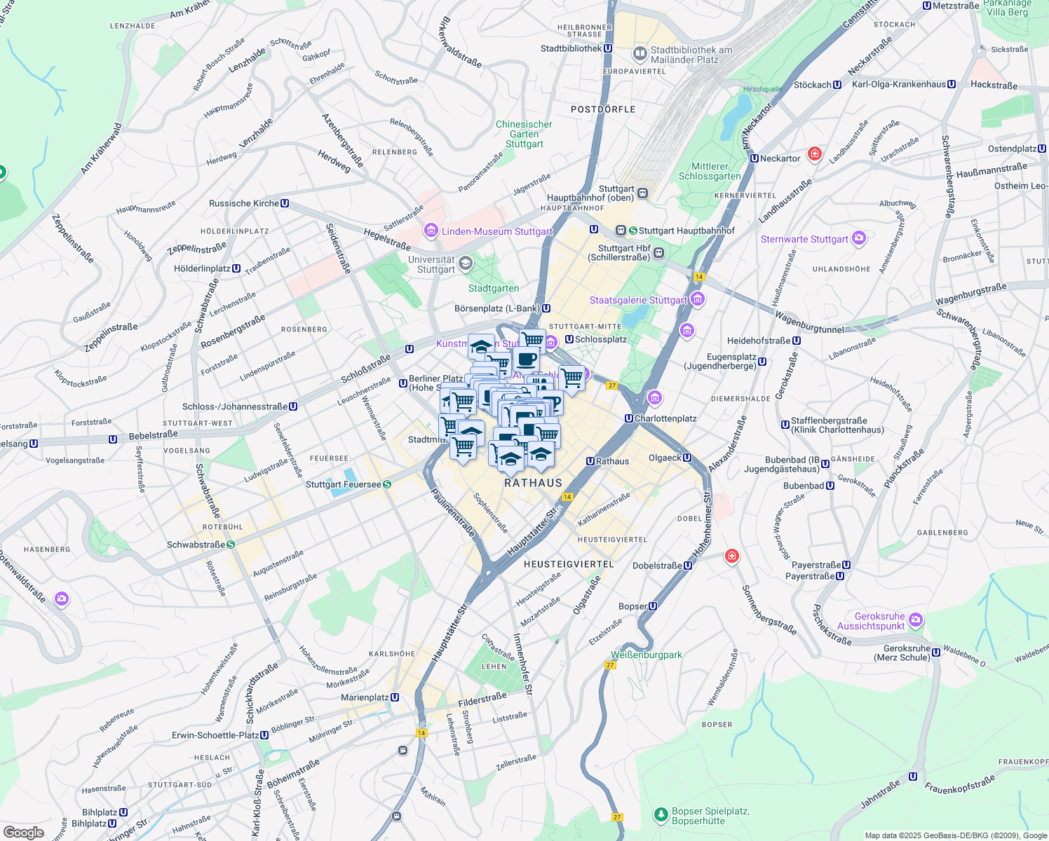 map of restaurants, bars, coffee shops, grocery stores, and more near 27 Königstraße in Stuttgart