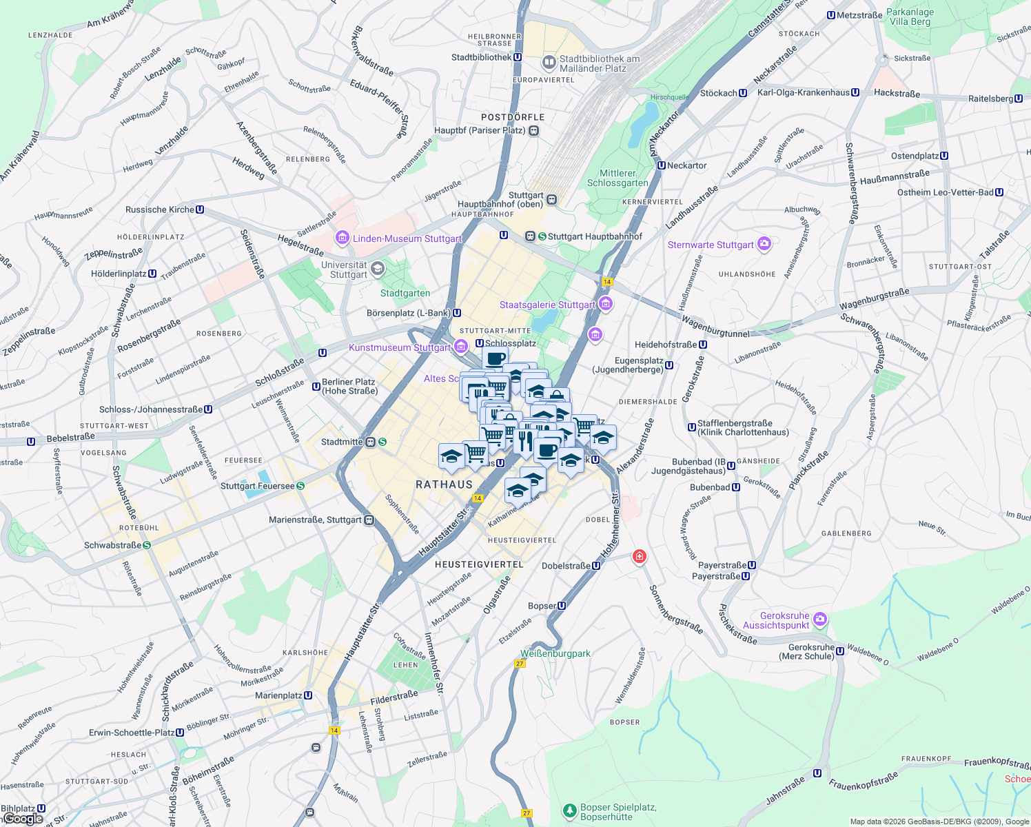 map of restaurants, bars, coffee shops, grocery stores, and more near 8 Dorotheenstraße in Stuttgart